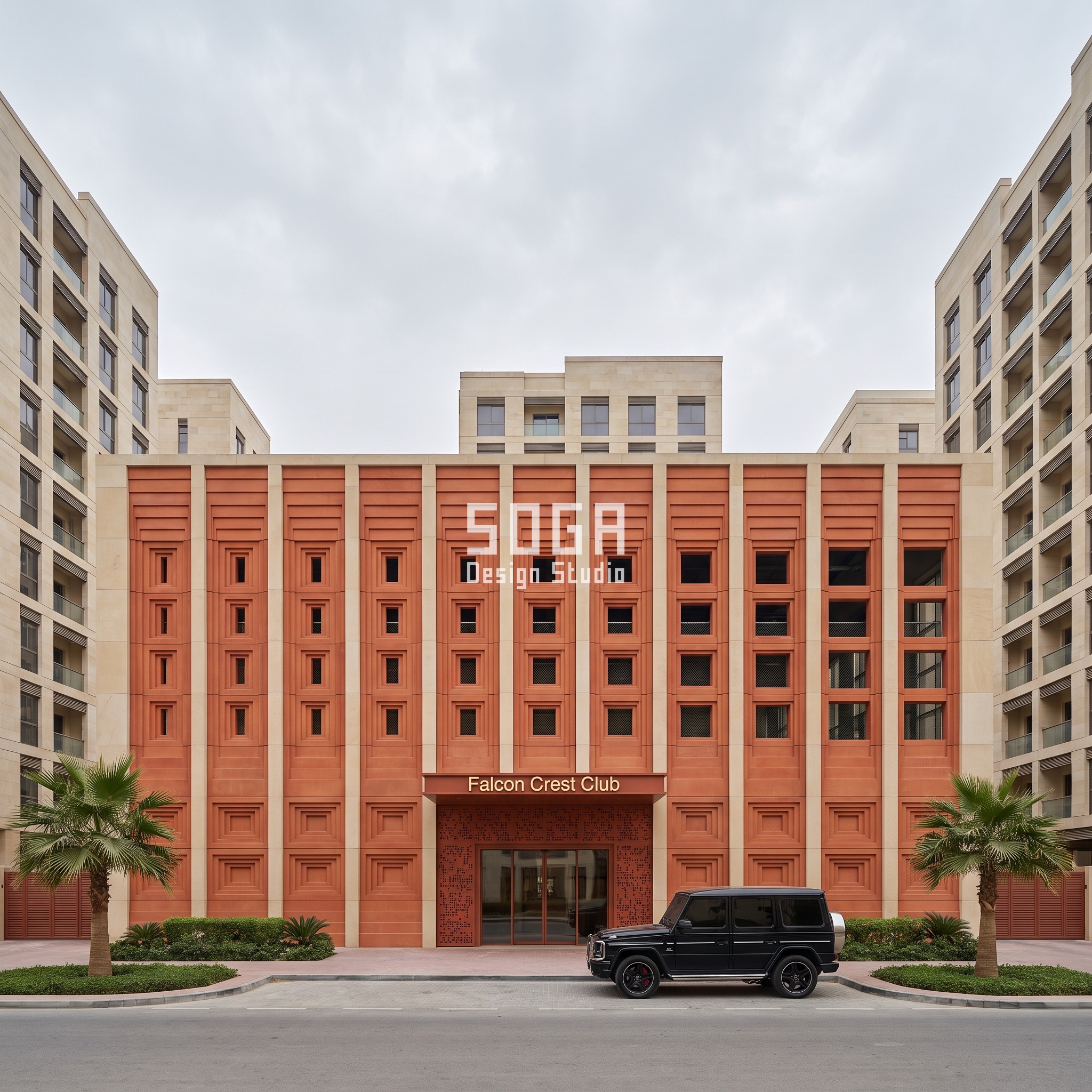 Sharjah gated-community clubhouse with a carved stone cassette aperture gradient screening the street-facing pool and gym wing, Mercedes G-Class at the kerb