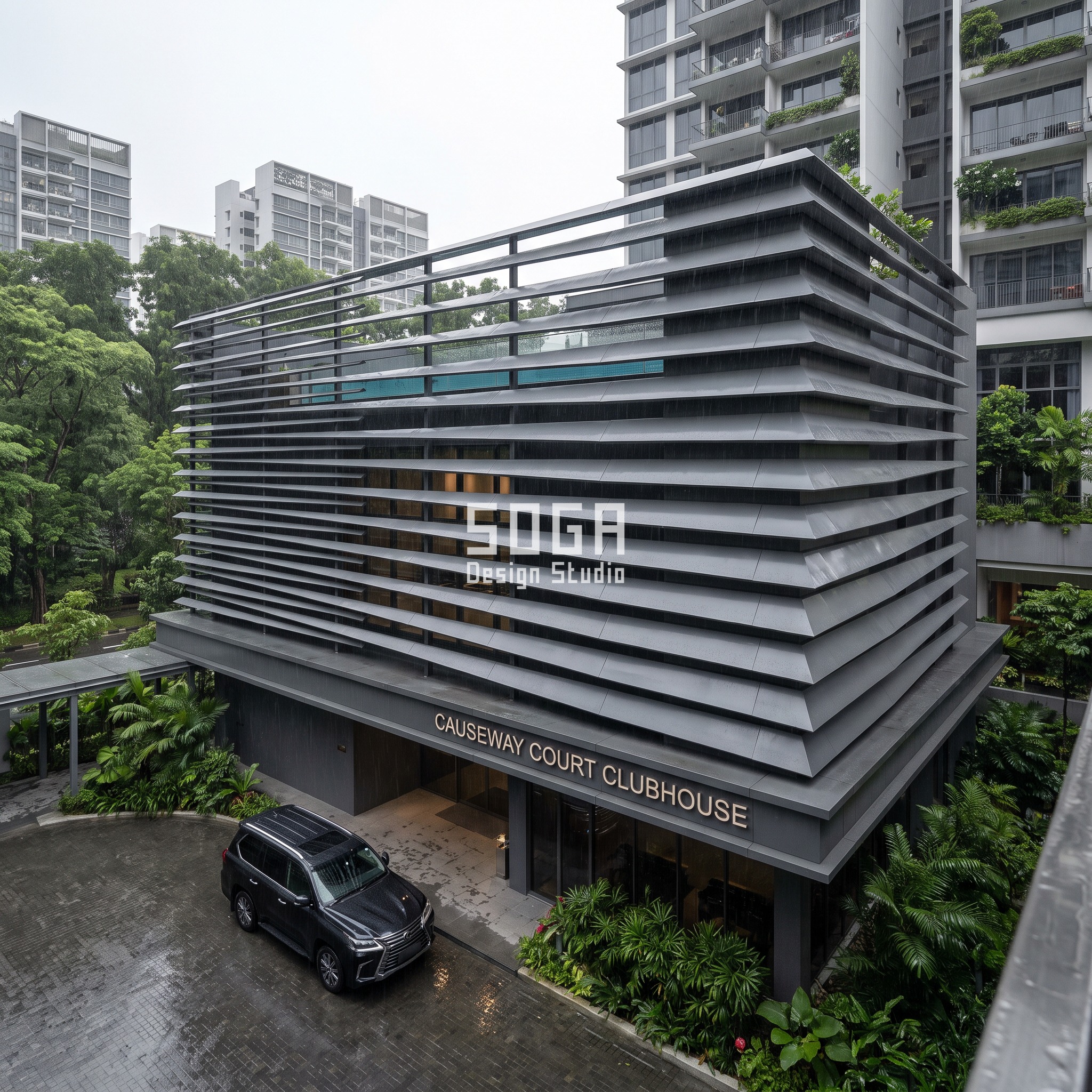 Singapore condominium clubhouse with a folded wood-grain-finish band-height gradient shedding monsoon rain over the function hall, Lexus LX in the drop-off court