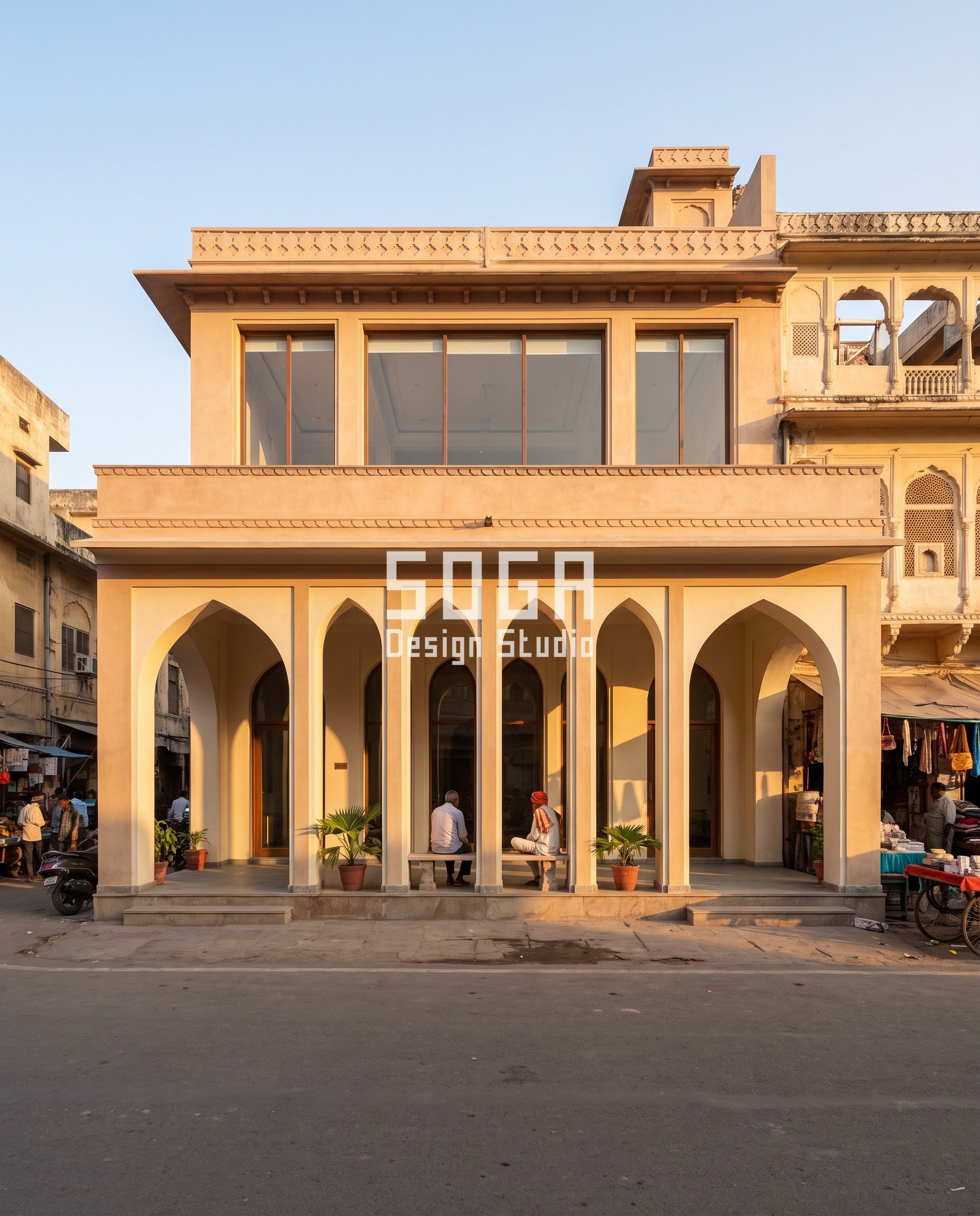Commercial Facade Shading India: 5 Sun-Sized Designs 3 Jaipur showroom with a lime-plaster pointed-arch arcade at ground level in golden-hour light