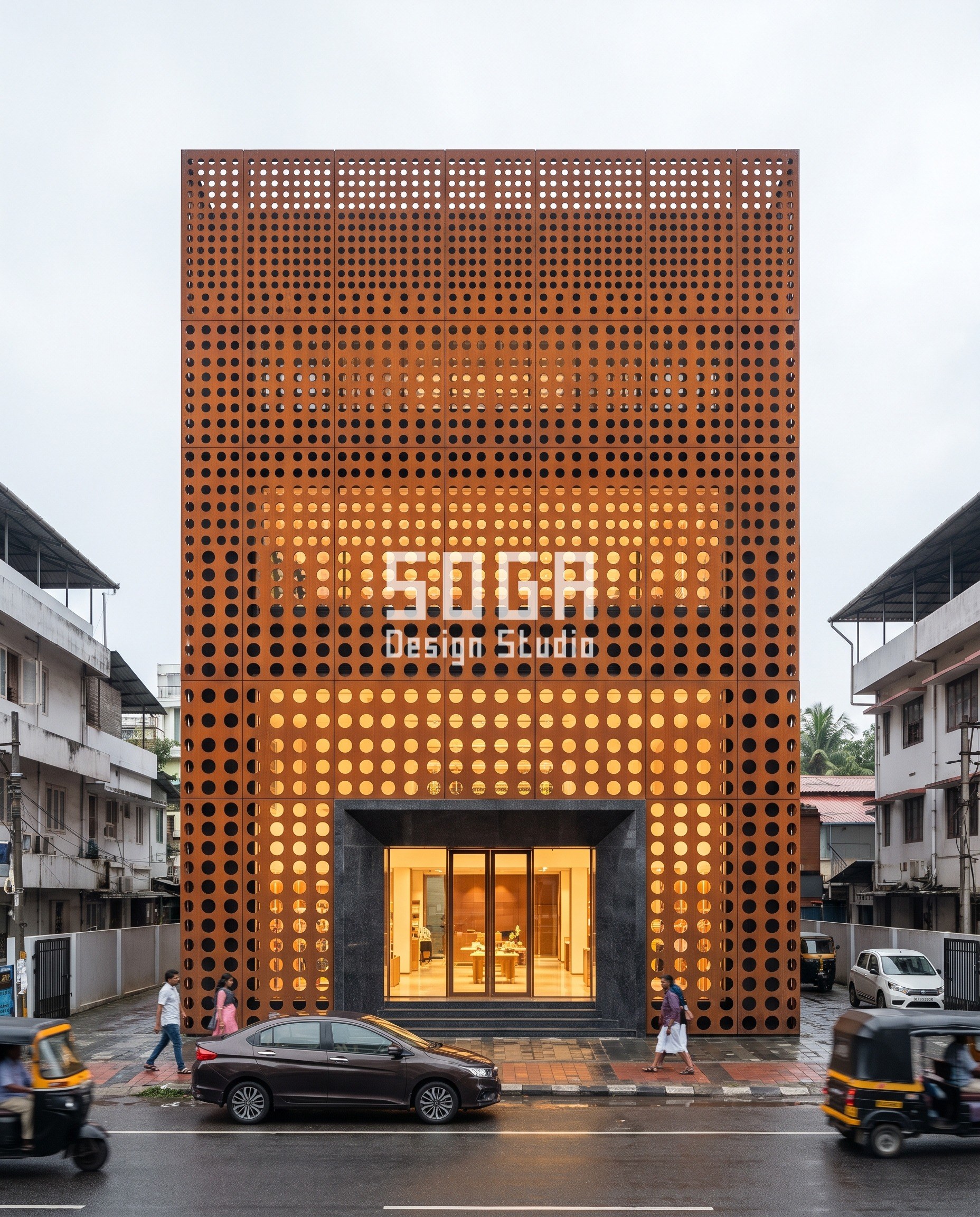 Commercial Facade Shading India: 5 Sun-Sized Designs 2 Kochi retail flagship behind a corten steel perforated screen with holes graded from 18 mm to 55 mm