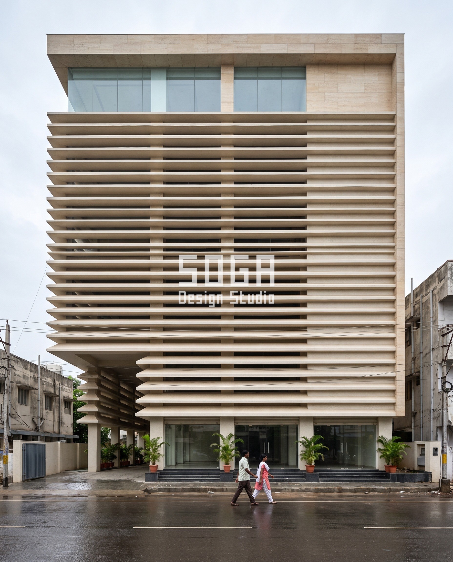 Commercial Facade Shading India: 5 Sun-Sized Designs 1 Chennai G+5 mixed-use facade with precast concrete shade blades deepening from the top floor to the ground-floor west corner