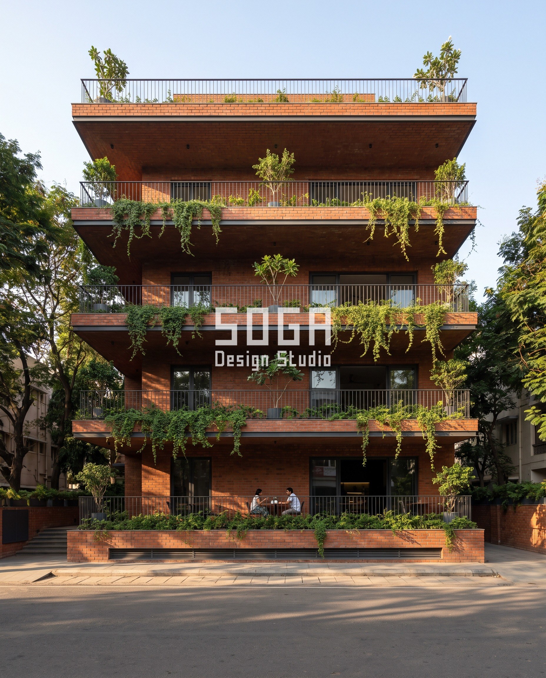 Commercial Facade Shading India: 5 Sun-Sized Designs 5 Bengaluru cafe and retail building with stepped green terraces that deepen toward the top floor