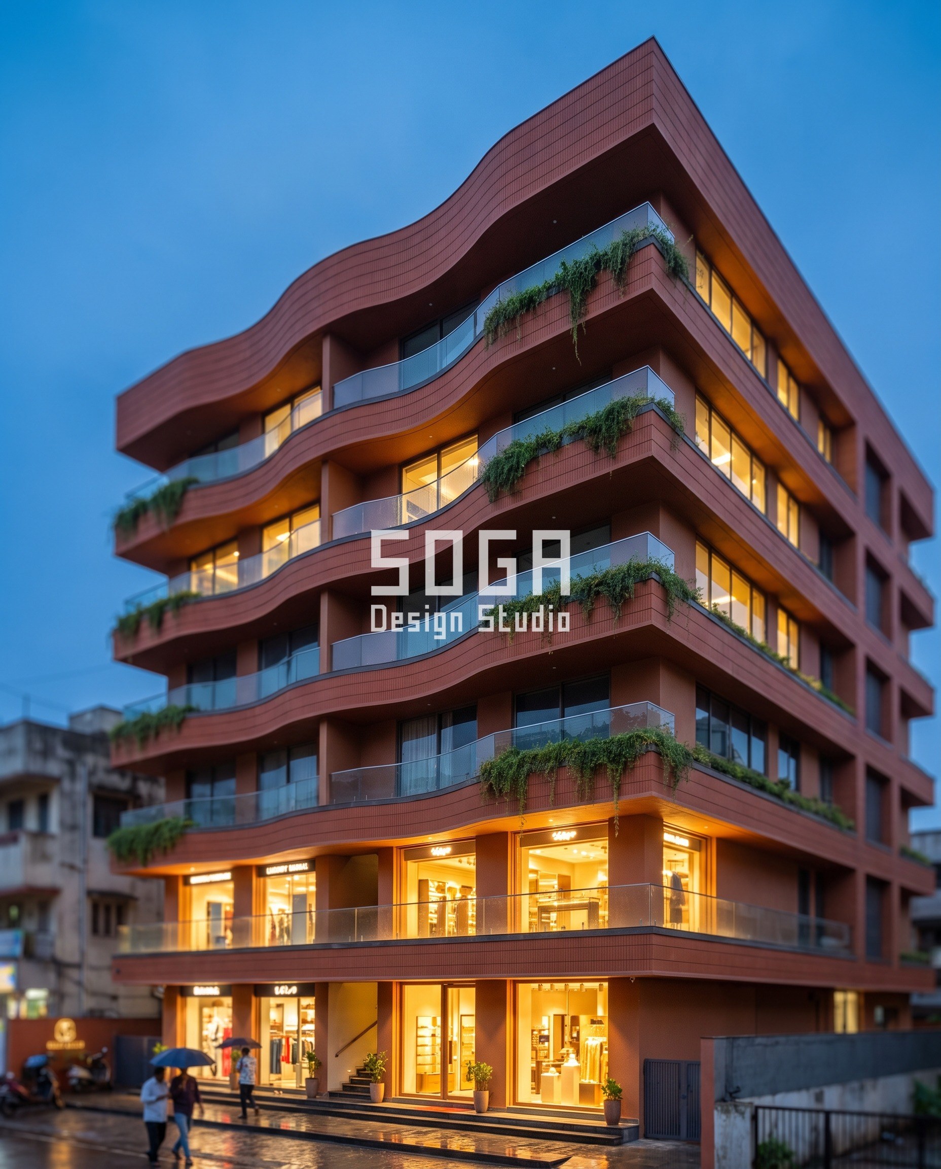 Commercial Facade Shading India: 5 Sun-Sized Designs 4 Surat mixed-use building with terracotta balcony fascia bands undulating as a sine wave