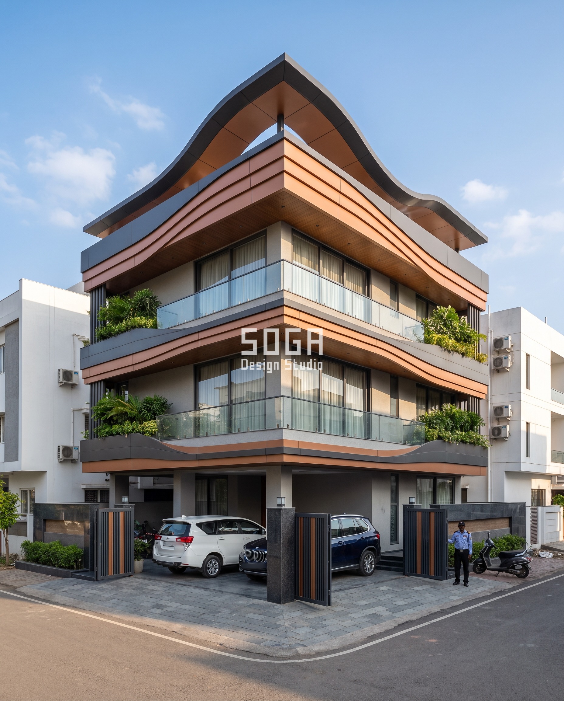 Parametric facade design in Indore: a two-tone charcoal and warm-copper roof canopy crest rises 1500mm above the parapet on this G+3 builder-floor residence and cascades down through every balcony fascia, the wave amplitude decaying toward the ground, a 7.5-10x spread across four bands.