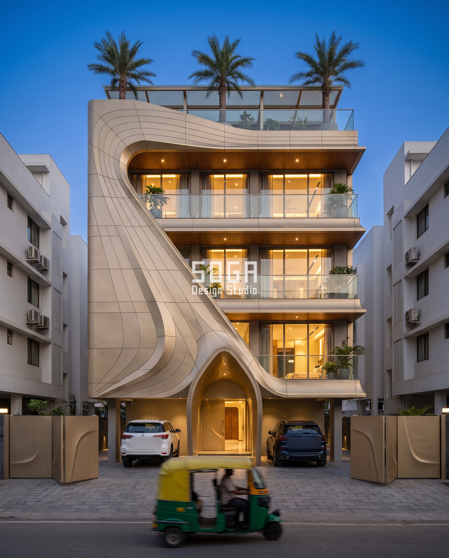 Continuous Facade Gesture: One Move Across Every Floor 4 One continuous facade gesture across floors in India - champagne-gold stainless steel panels wrap this Surat residence in sweeping curves that converge at a single rooftop crest.