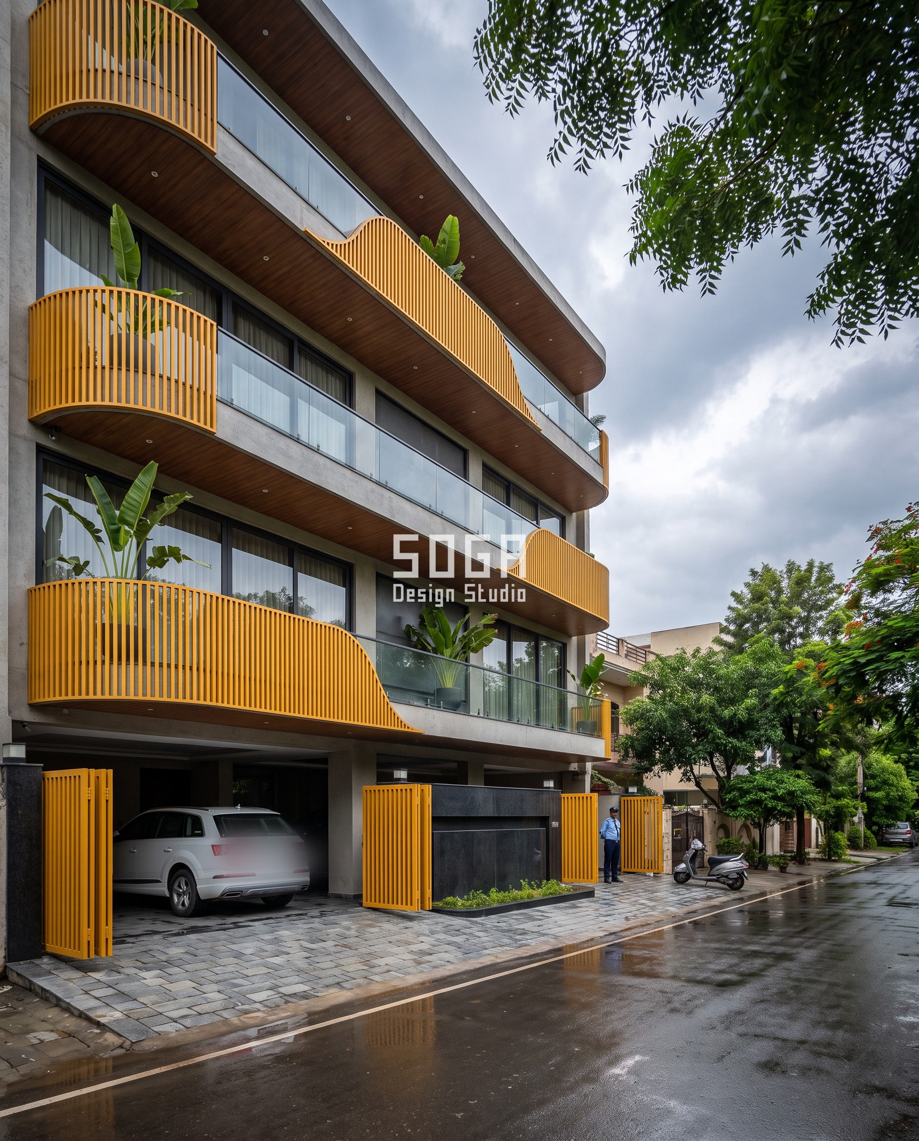 Crossing Floor Lines: A Facade Design Rule For India 5 Facade design crossing floor lines india: saffron vertical-louvre balcony lobes swell from 500mm to 1300mm projection as the band crosses four floor slabs on this Ludhiana builder floor.