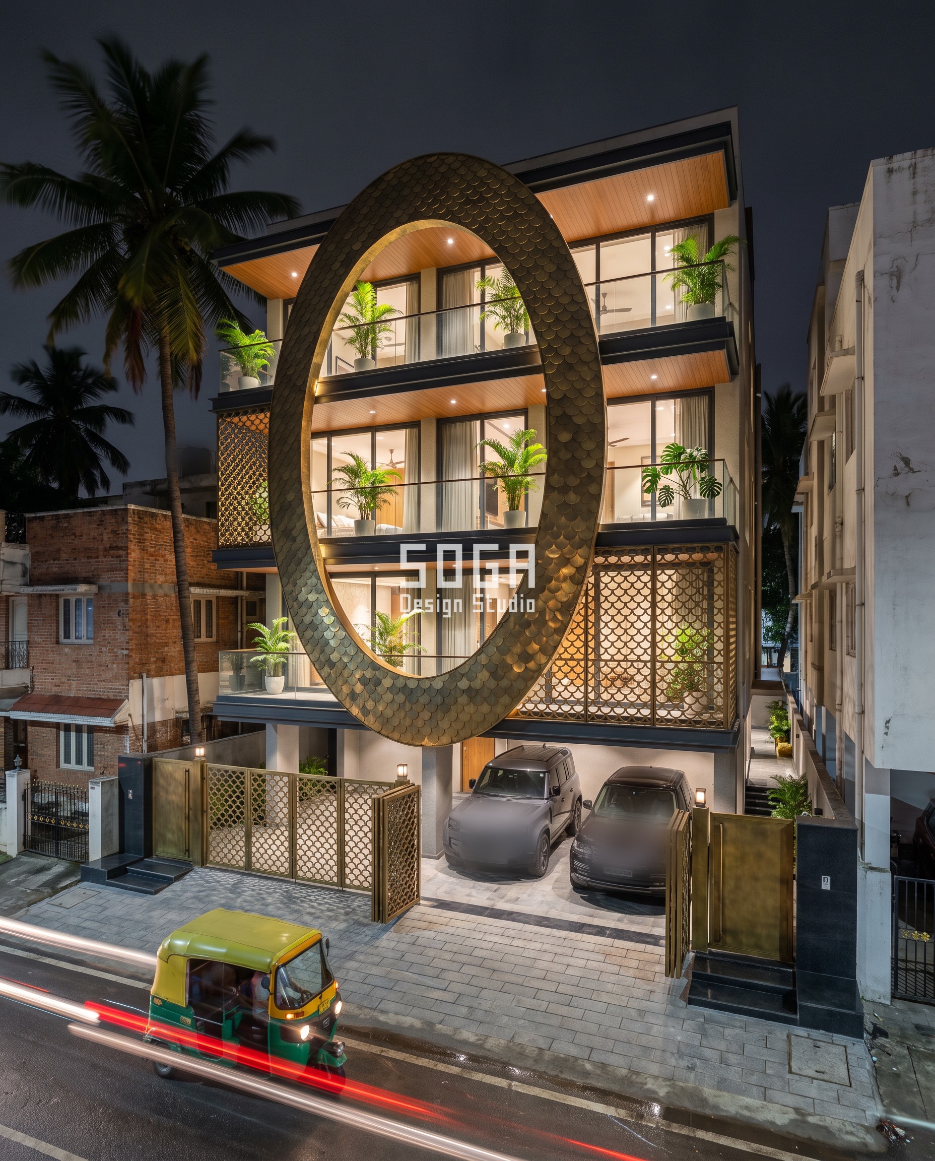 Crossing Floor Lines: A Facade Design Rule For India 2 Facade design crossing floor lines india: a brass fish-scale oval ring cuts through four slab lines on this Bengaluru Indiranagar builder floor at night.