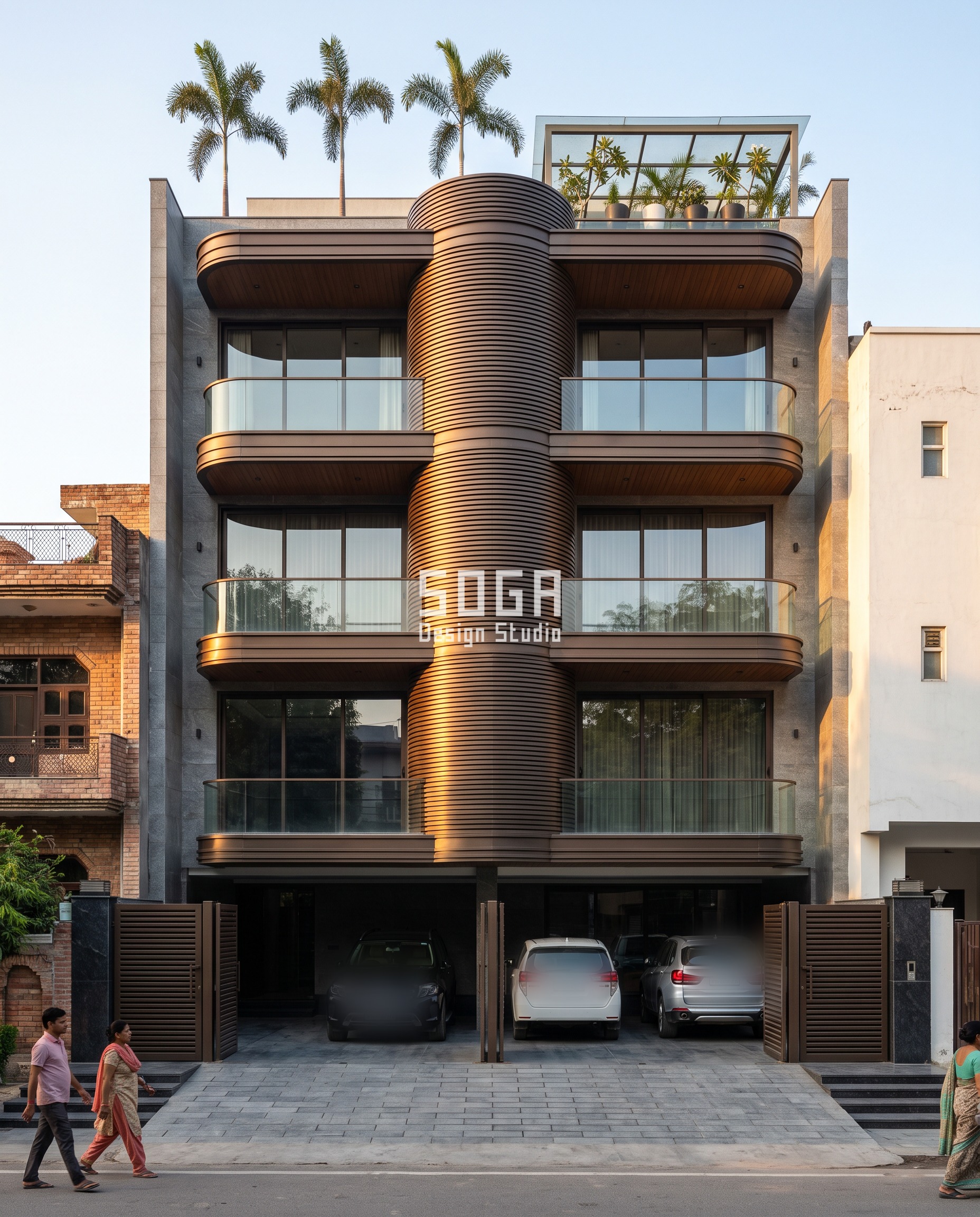 Crossing Floor Lines: A Facade Design Rule For India 3 Facade design crossing floor lines india: a ribbed dark-bronze serpentine band wraps balconies left and right as it crosses four floor slabs on this South Delhi builder floor.