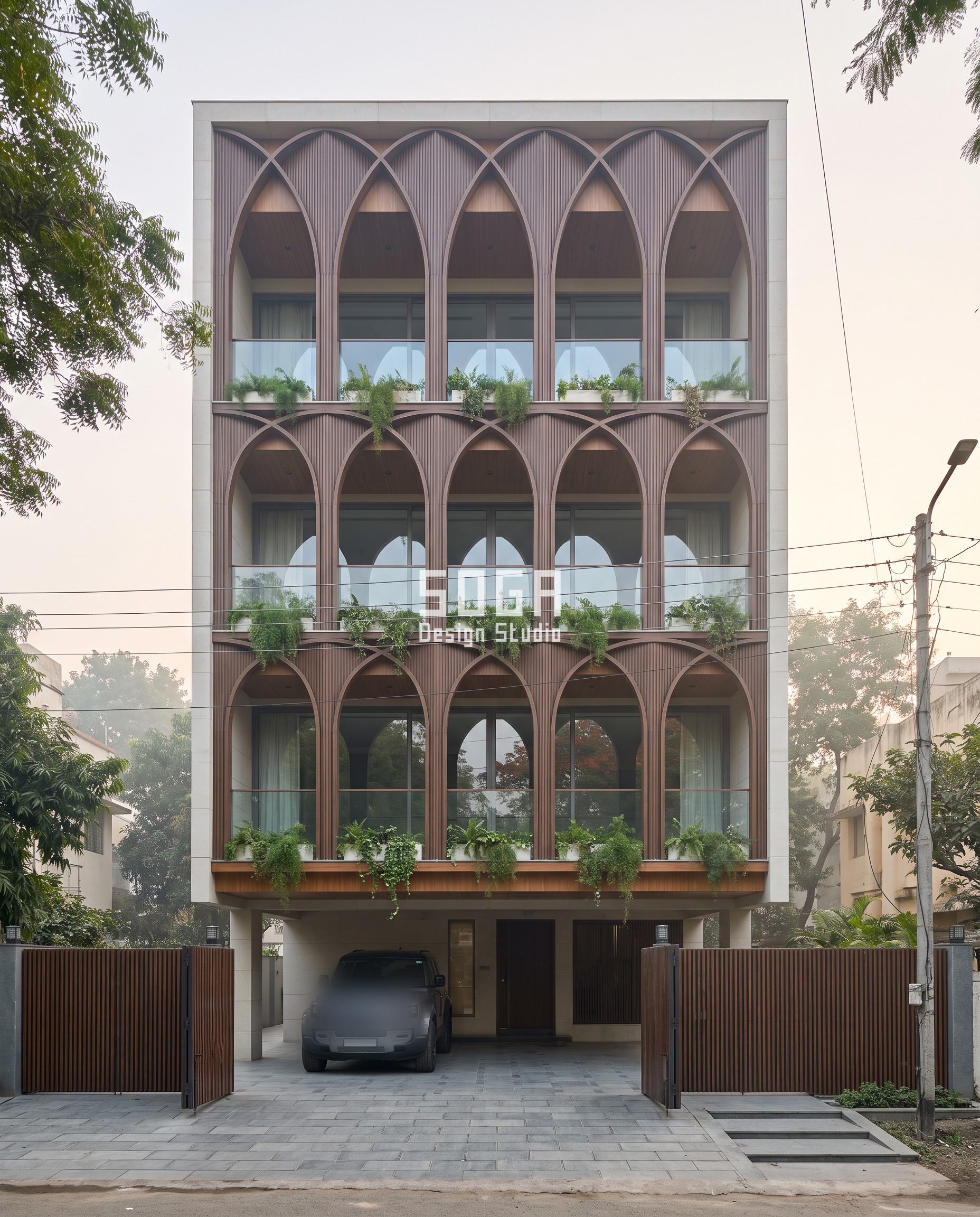 Crossing Floor Lines: A Facade Design Rule For India 4 Facade design crossing floor lines india: interlaced walnut-finish rib vaults form a six-bay arcade that crosses four floor slabs on this Pune builder floor.