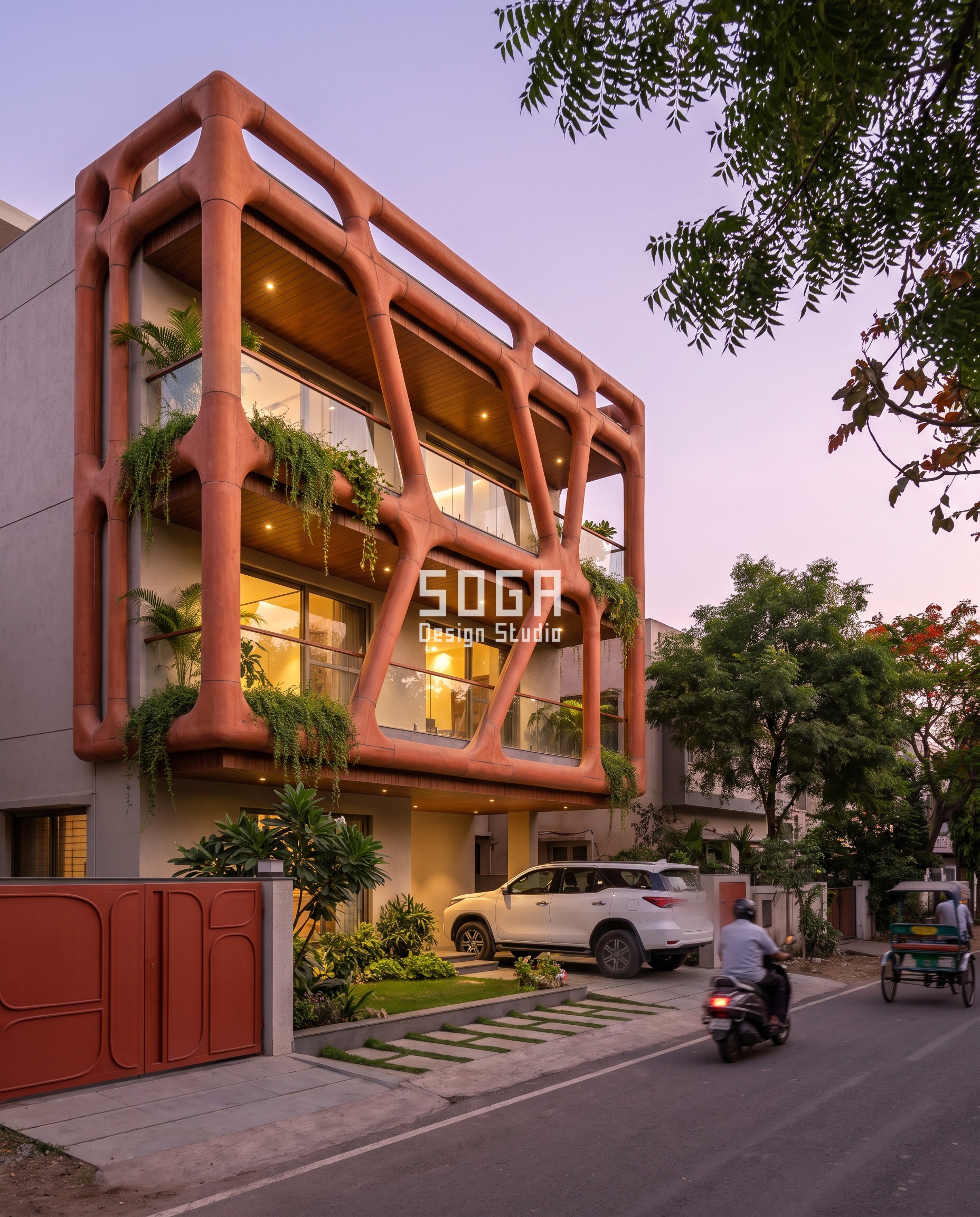 Crossing Floor Lines: A Facade Design Rule For India 1 Facade design crossing floor lines india: a terracotta Voronoi mullion frame on this Surat villa deepens from 2.5m to 4m cells as it spans all three floor slabs unbroken.