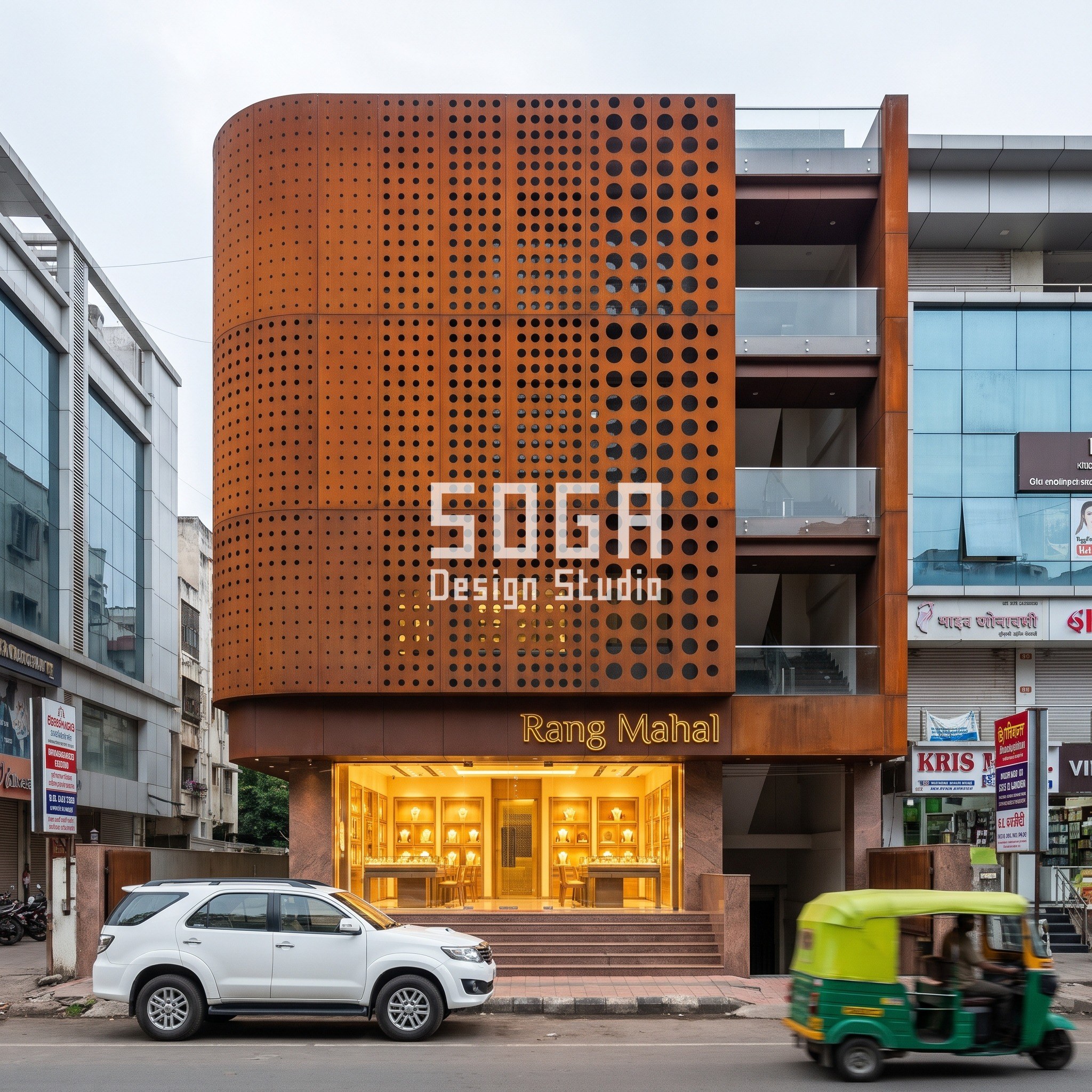 Kosh Flagship Pune - curved Corten hero volume jewellery showroom facade