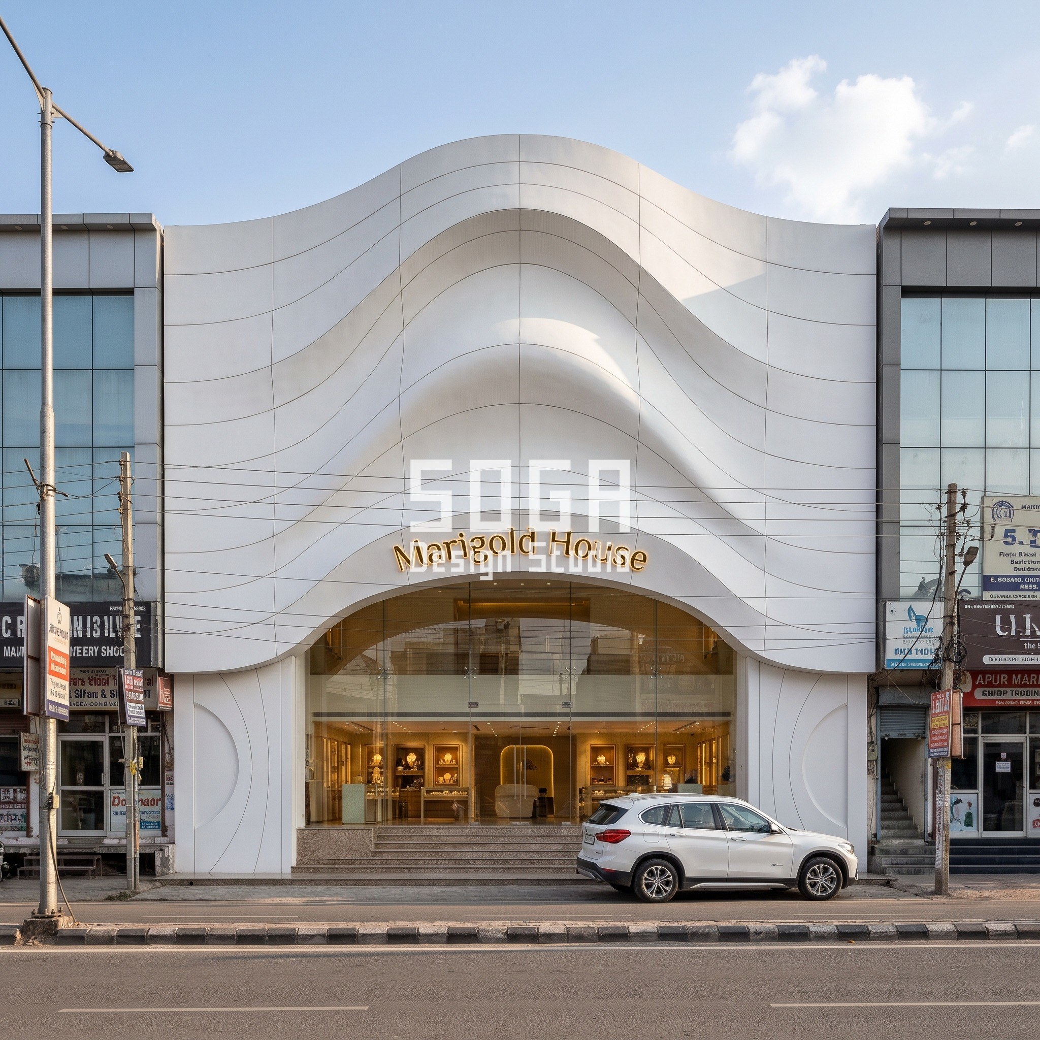 Ashma Showroom Ludhiana - curved GFRC crest facade jewellery flagship