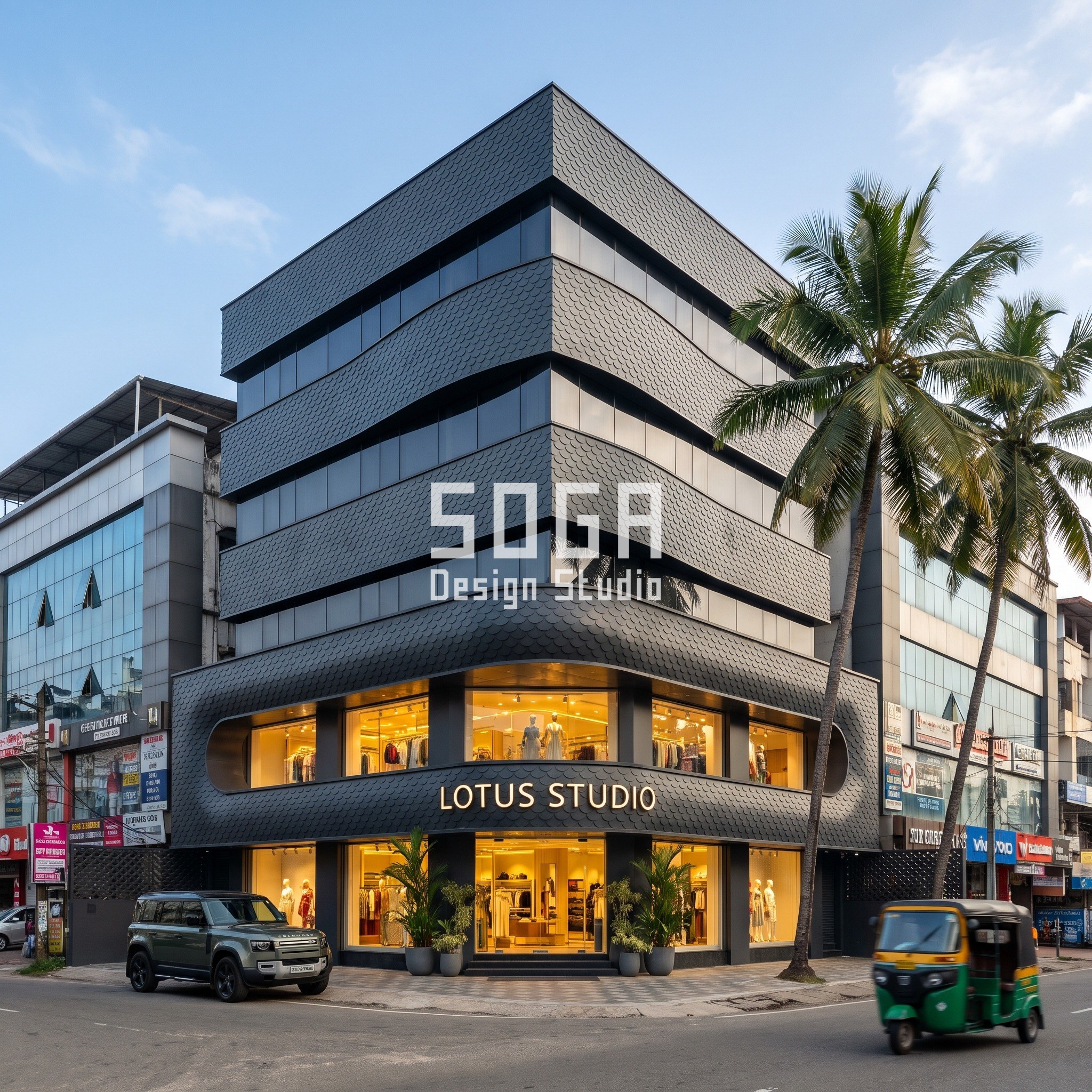 Vahini Arcade Kochi - curved fish-scale mixed-use retail facade