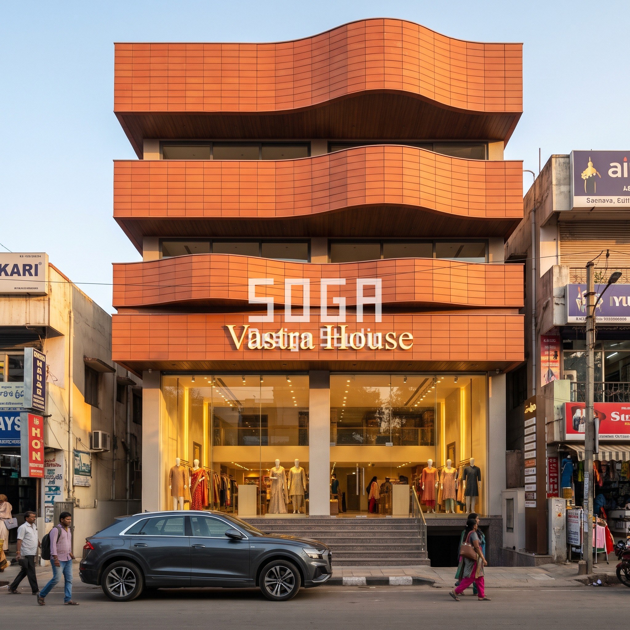 Lehar Flagship Bengaluru - curved terracotta sine-wave fashion flagship facade