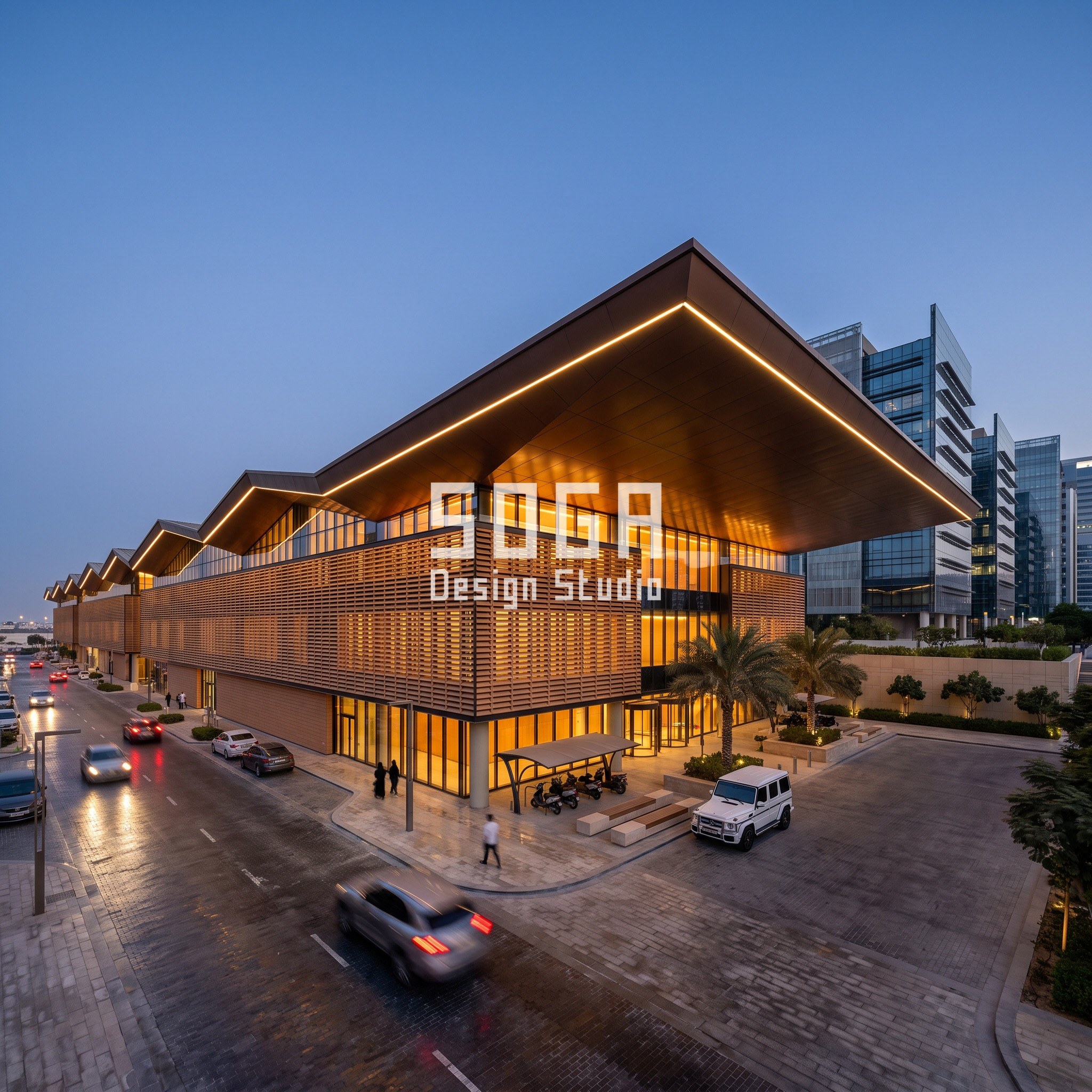 Abu Dhabi data center campus with an orientation graded folded roof overhang from 1.3m to 7.5m