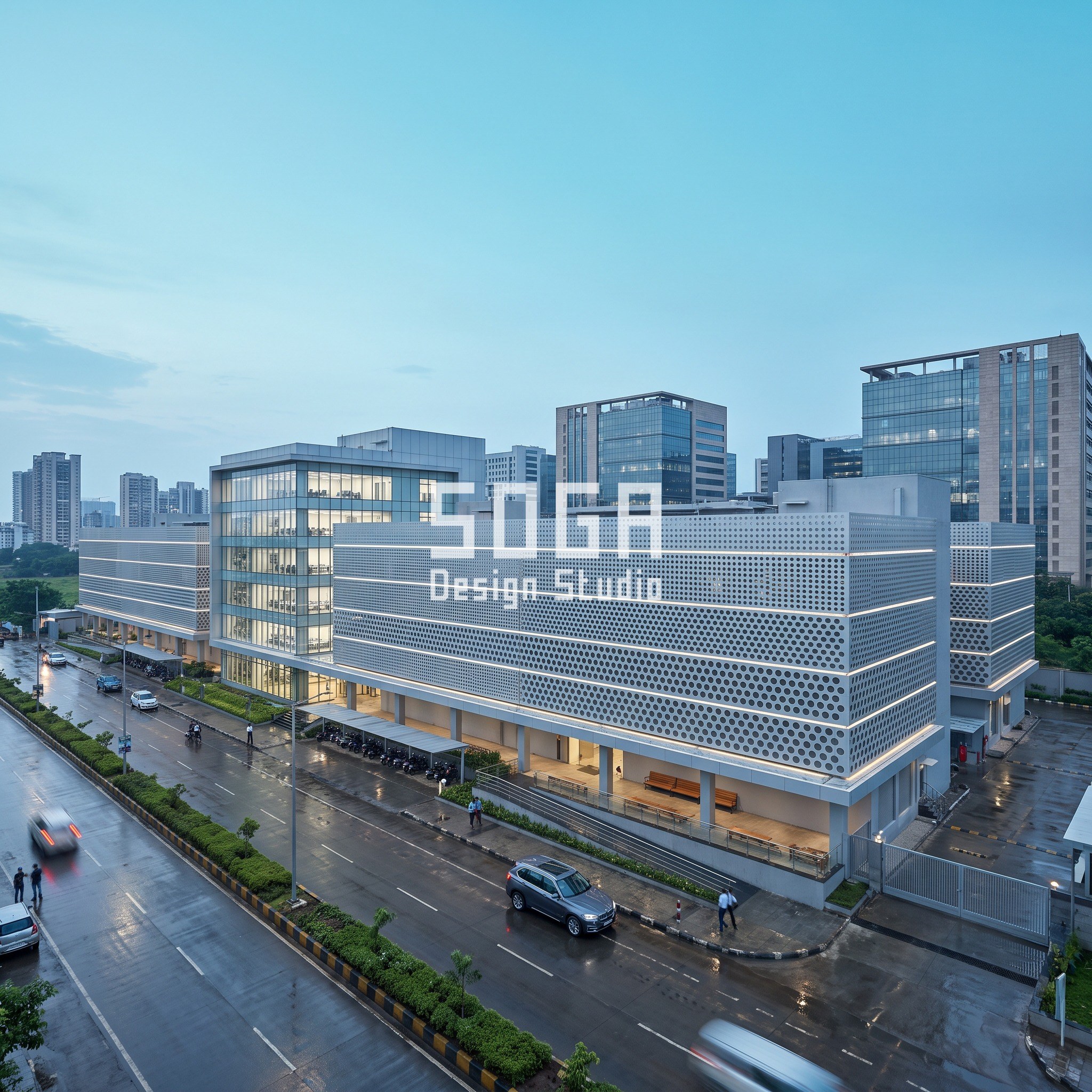 Navi Mumbai data center campus with continuous perforated ribbon bands graduated from 40mm to 220mm hole diameter