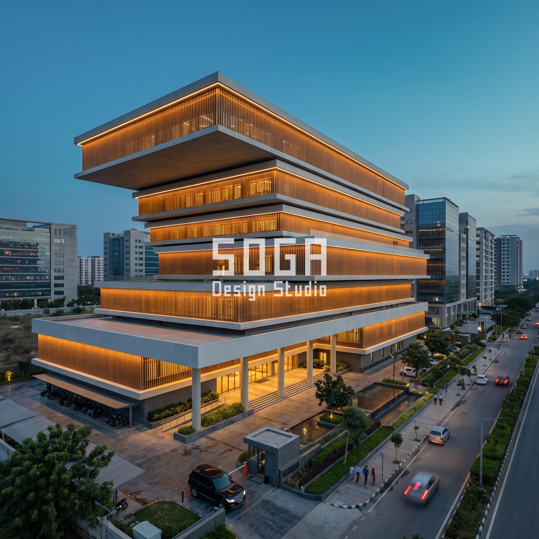 Hyderabad data center campus with six phased data hall trays cantilevering from 1.5m to 9m
