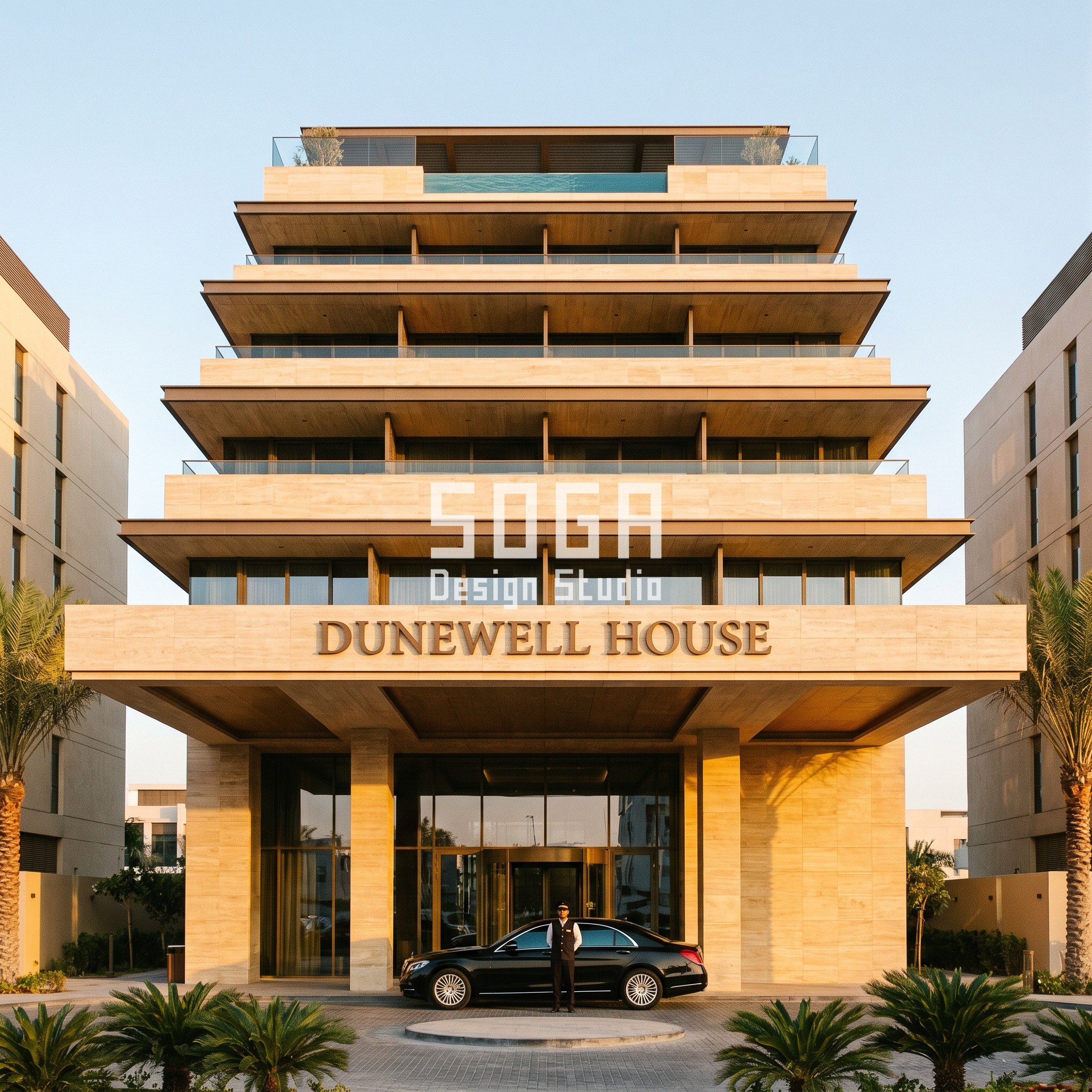 Electric Vehicle Showroom Facade Design Singapore 2026 4 Dubai boutique hotel facade with cascading terraces over a porte-cochere turning circle, DUNEWELL HOUSE