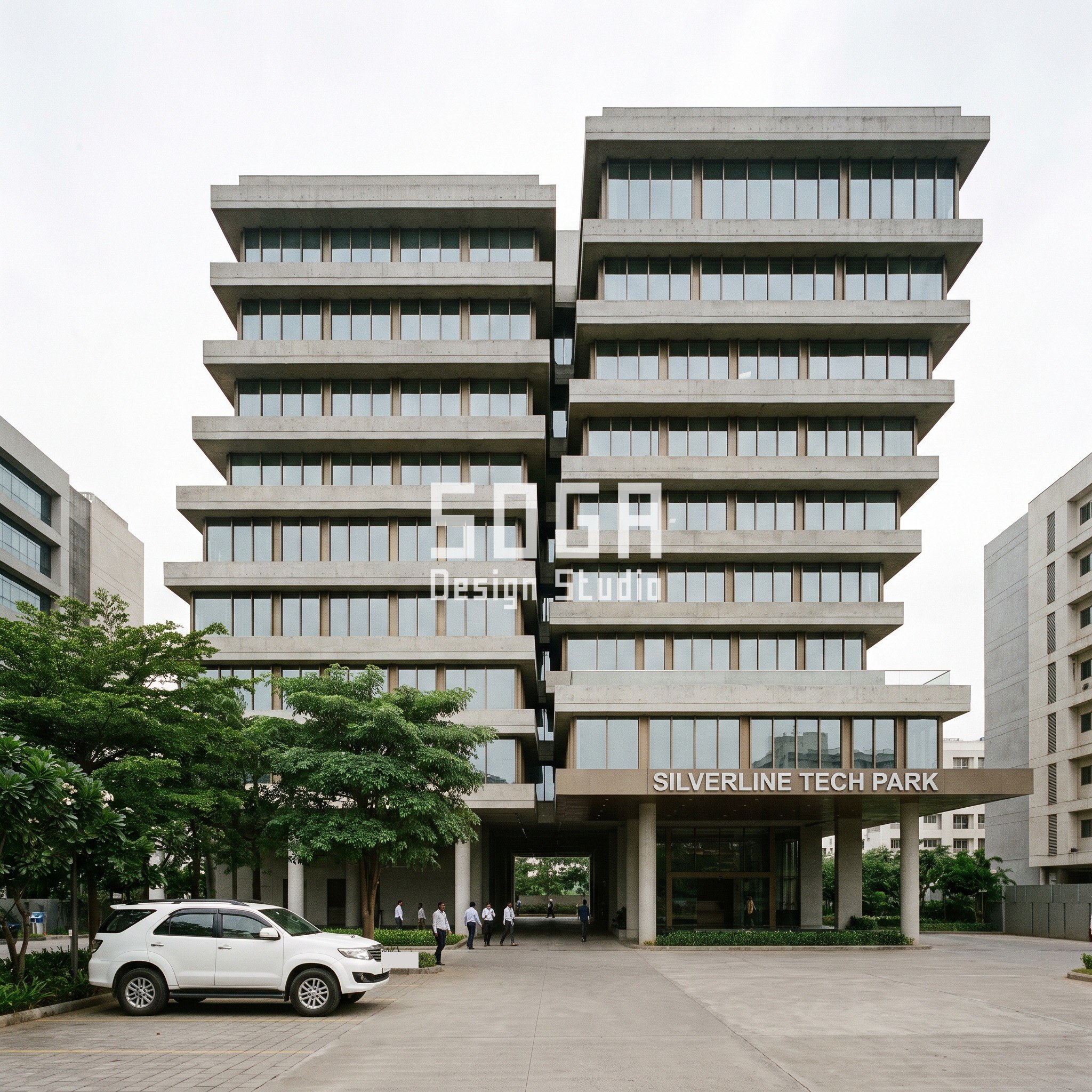 Electric Vehicle Showroom Facade Design Singapore 2026 2 Pune IT campus office facade with split and slipped slab stacks clearing a fire-tender lane, SILVERLINE TECH PARK