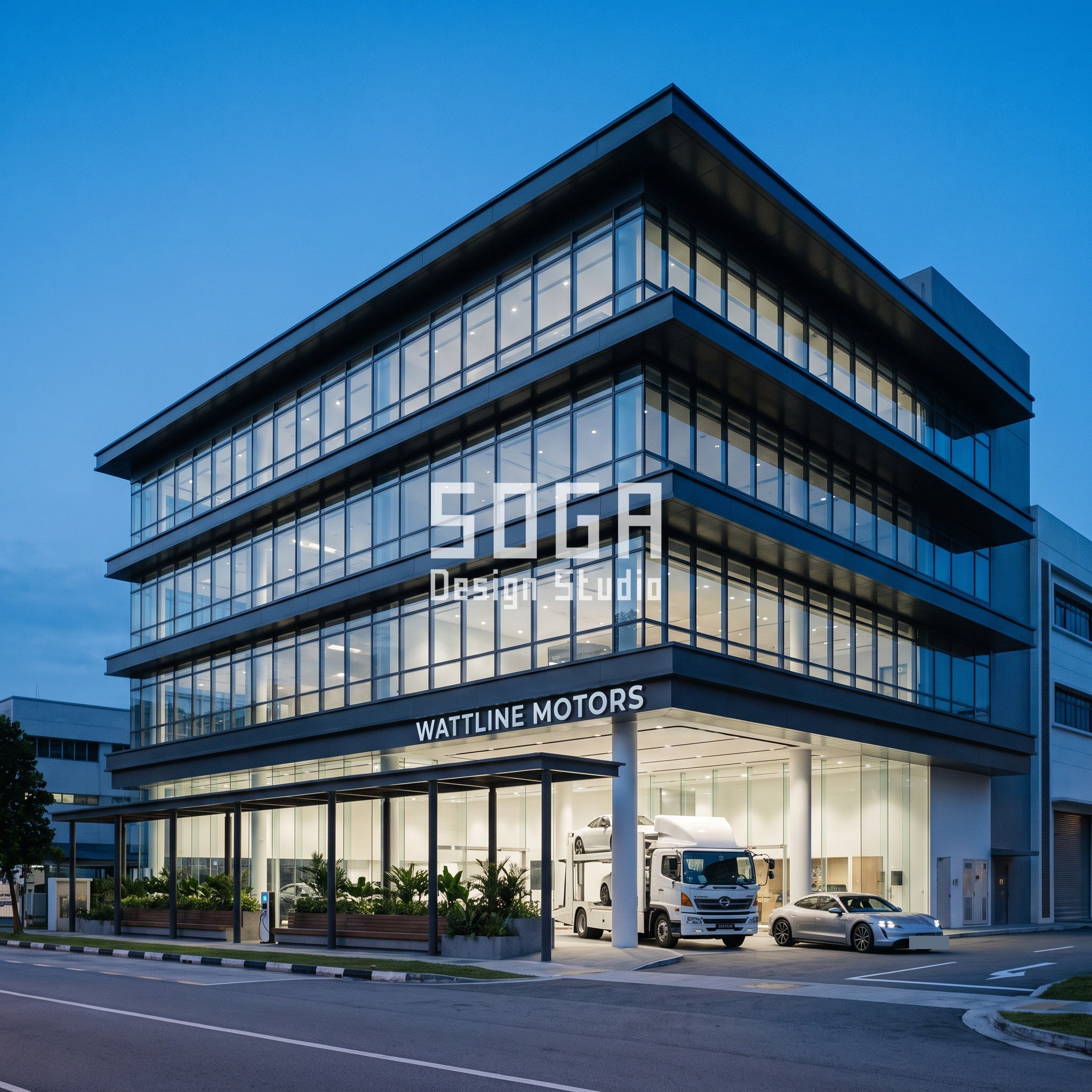 Electric Vehicle Showroom Facade Design Singapore 2026 1 Electric vehicle showroom facade in Singapore with cantilevered floor plates over a car-transporter turning circle, WATTLINE MOTORS