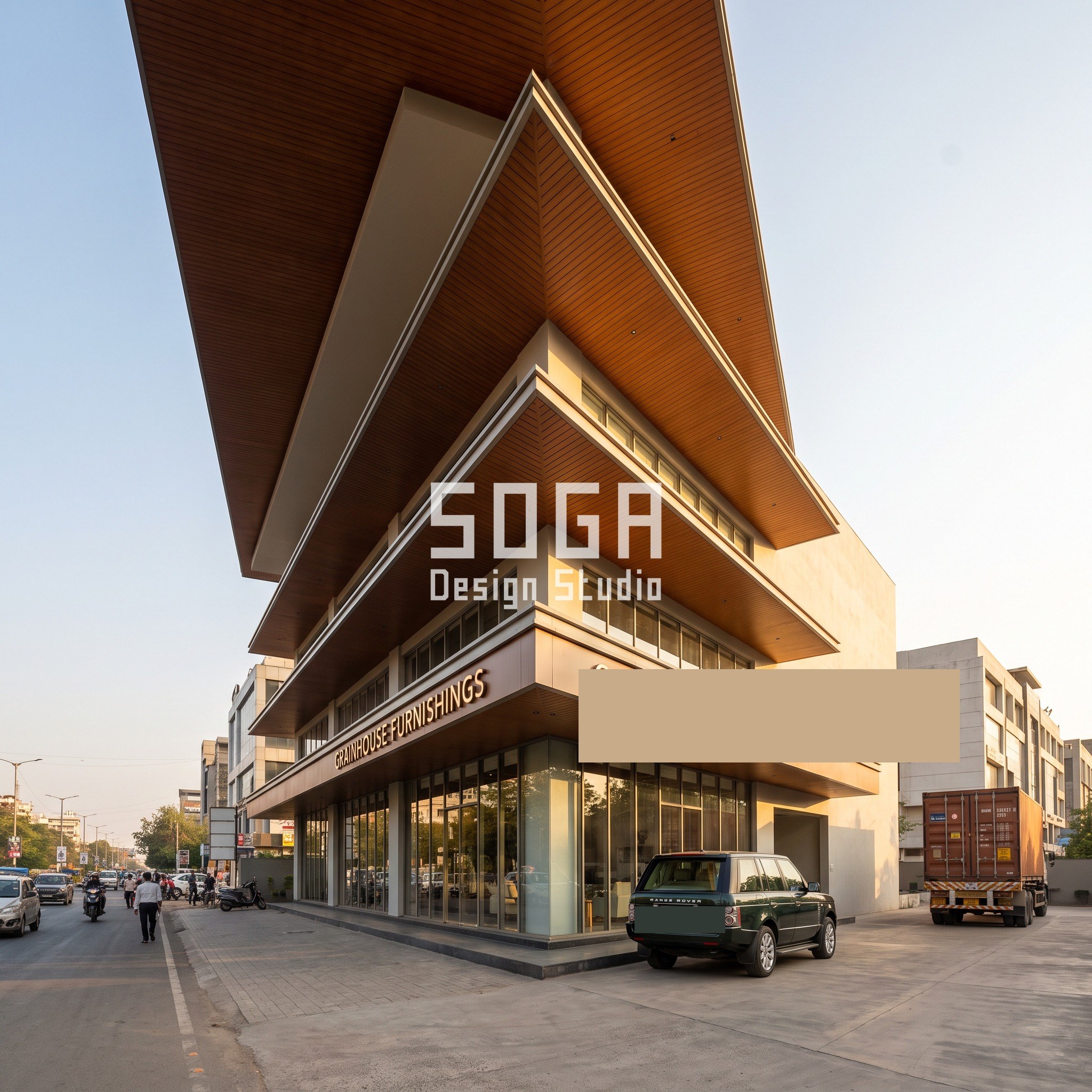 Electric Vehicle Showroom Facade Design Singapore 2026 3 Ahmedabad furniture showroom facade with radial fan floor plates over a loading dock, GRAINHOUSE FURNISHINGS