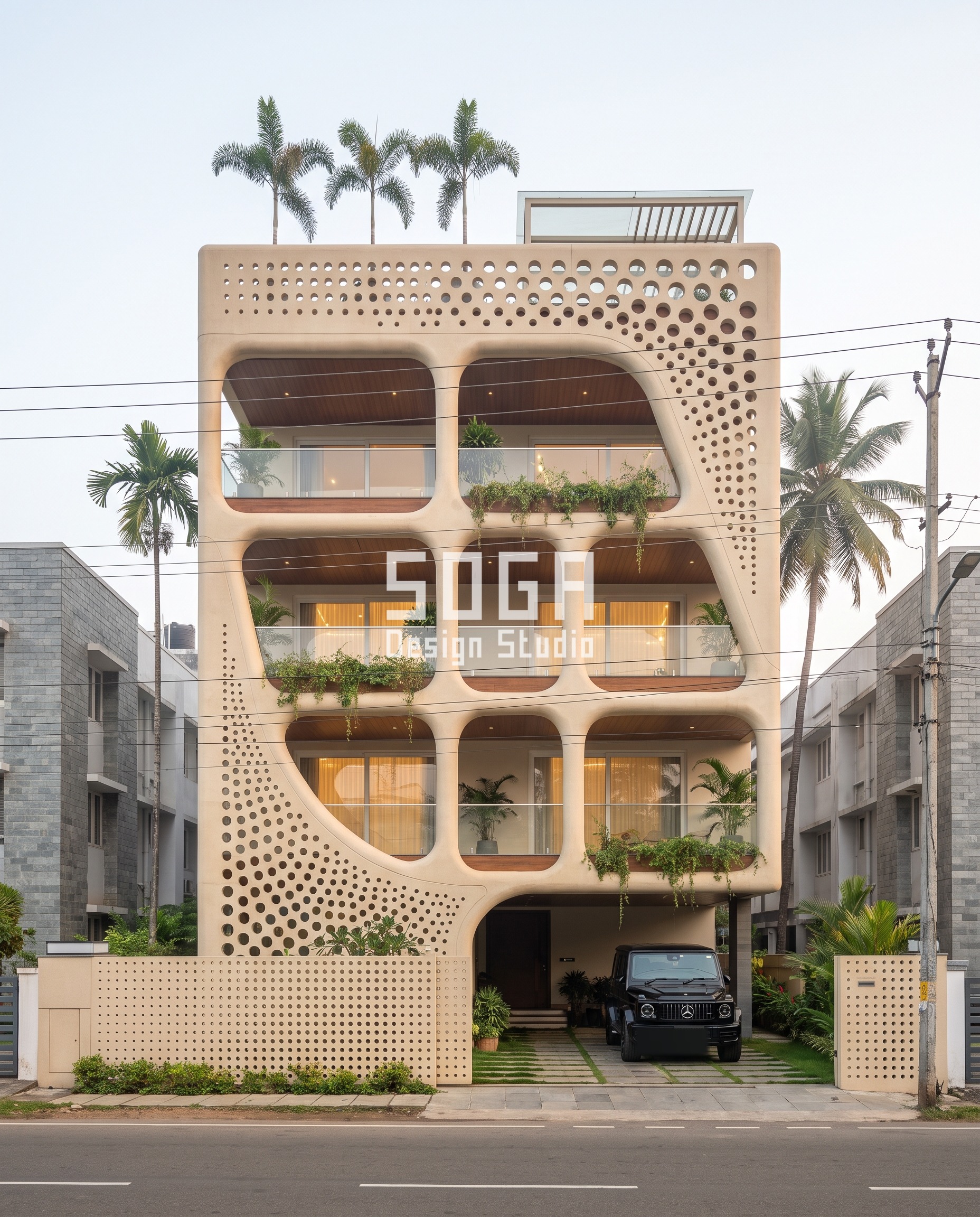 Carved Monolith / Organic Frame parametric facade Kochi — SOGA Design Studio
