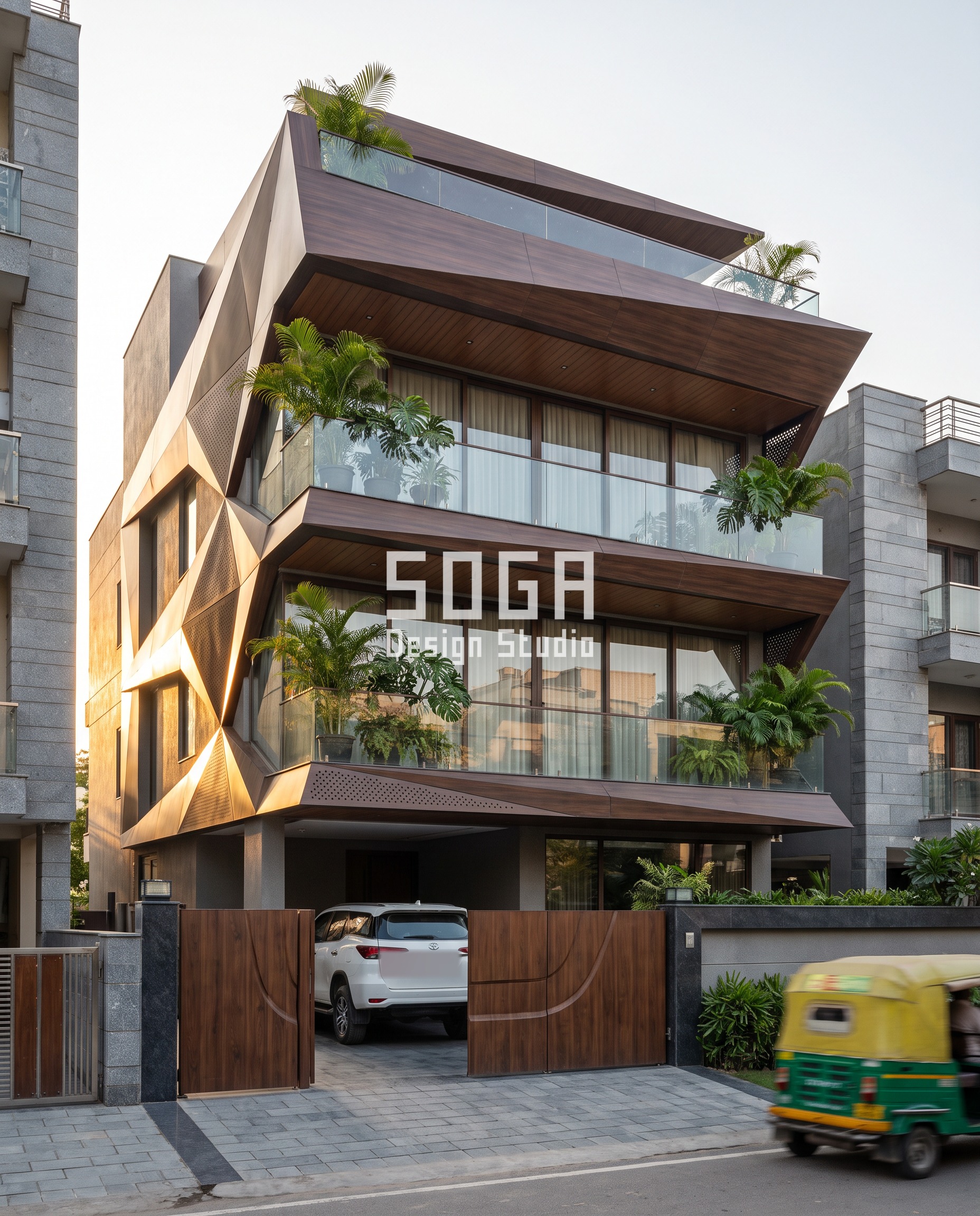 Modern Jharokha Design in India: Facade Guide 2026 2 Origami Frames & Exoskeleton / Smooth walnut wood-finish alu facade, Gurugram - SOGA Design Studio