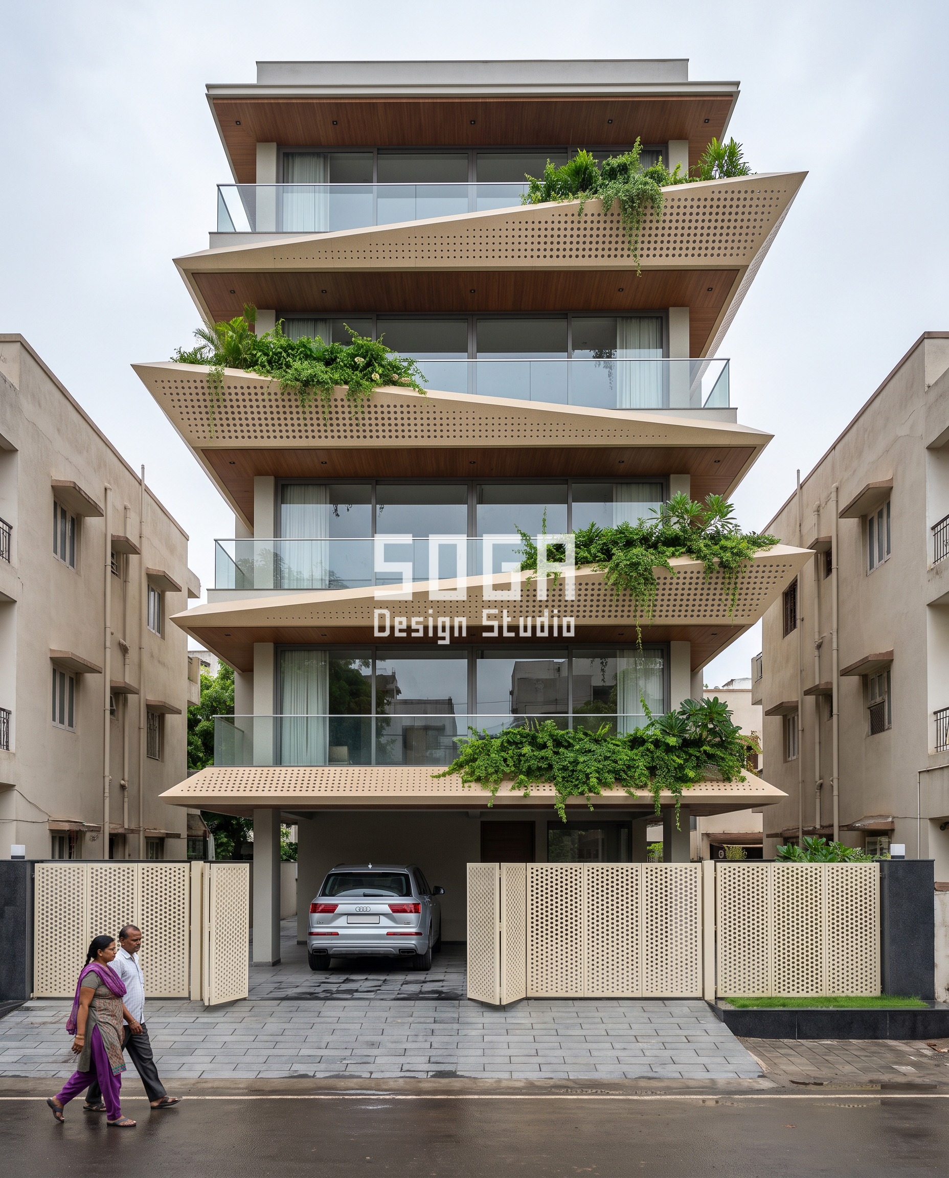 Modern Jharokha Design in India: Facade Guide 2026 3 Rotated Faceted Trays / Perforated cream gfrc facade, Ahmedabad - SOGA Design Studio