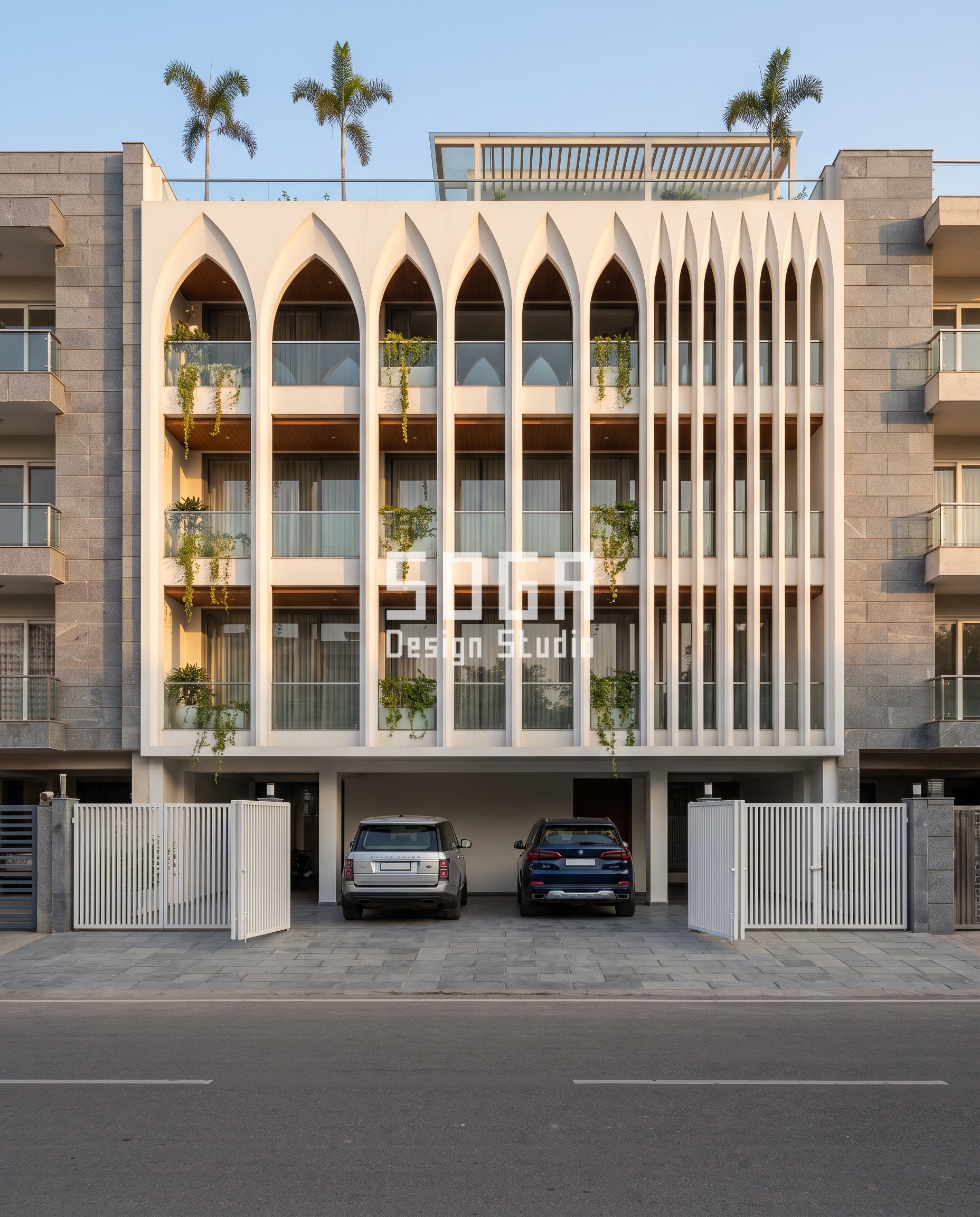 Modern Jharokha Design in India: Facade Guide 2026 4 Arches, Vaults & Loops / Fins white gfrc facade, Lucknow - SOGA Design Studio