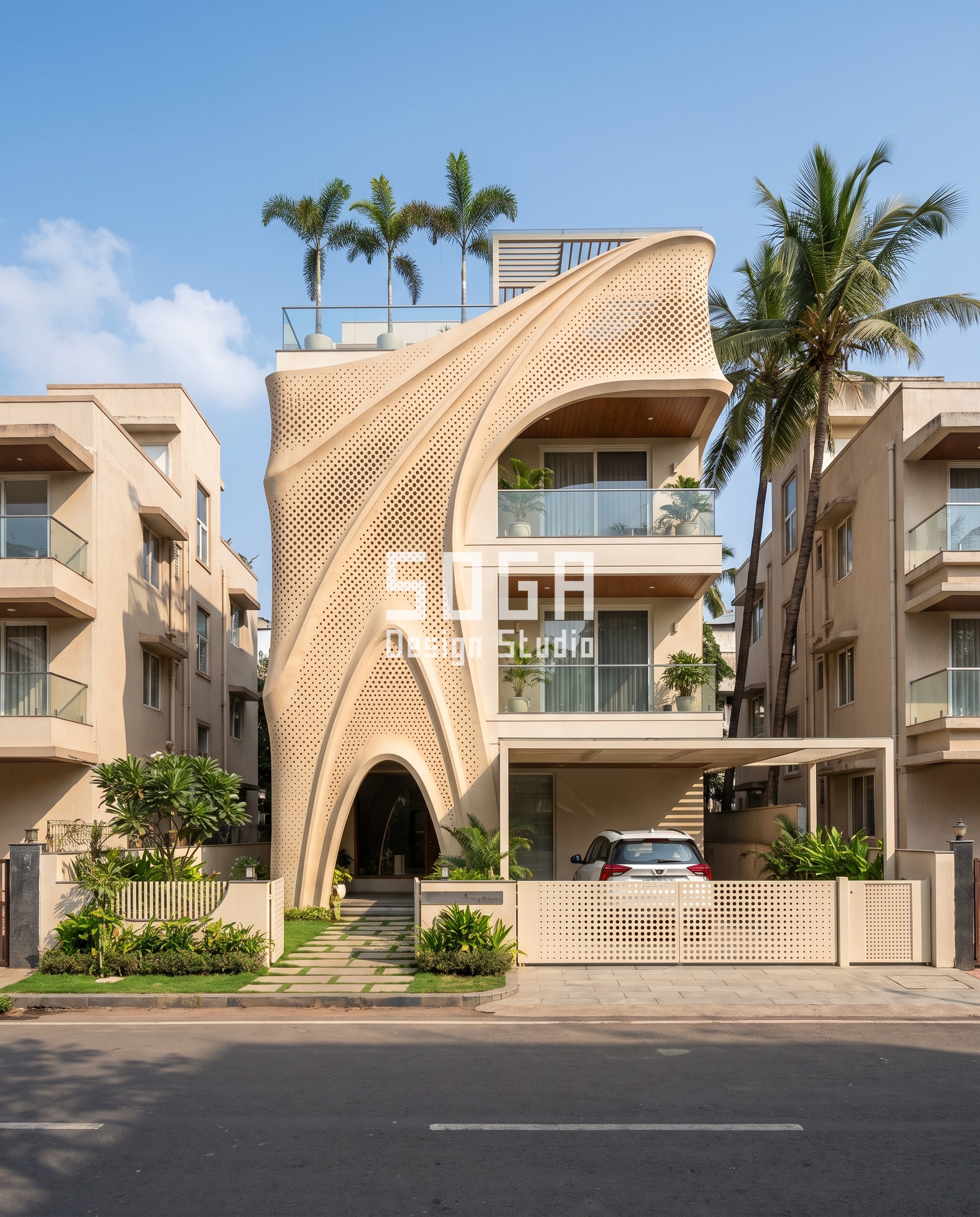 G+3 House Elevation Design India 2026: 4 Metal Facade Ideas 4 Carved Louver Field / Fins copper bronze facade, Chennai - SOGA Design Studio