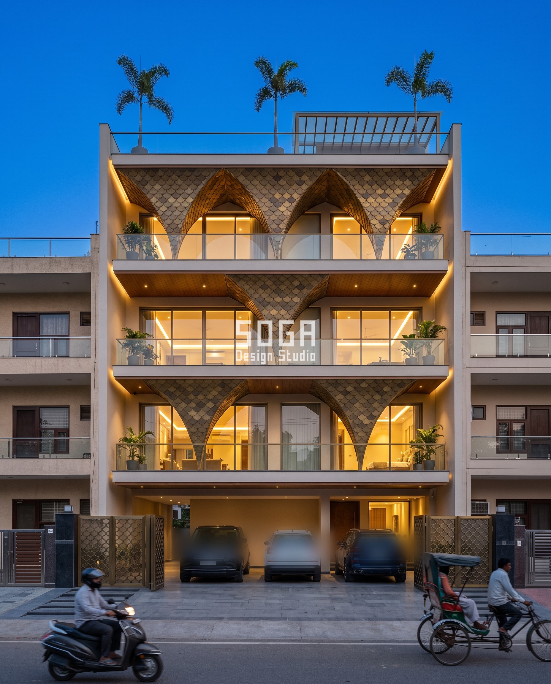 Facade Feature Depth: The Bracket Threshold Rule 2 Chandigarh G+4 builder-floor facade with antique brass fish-scale shingle-clad folded vaults opening into a 4 metre span arch, an 850mm cantilevered-spine depth facade feature