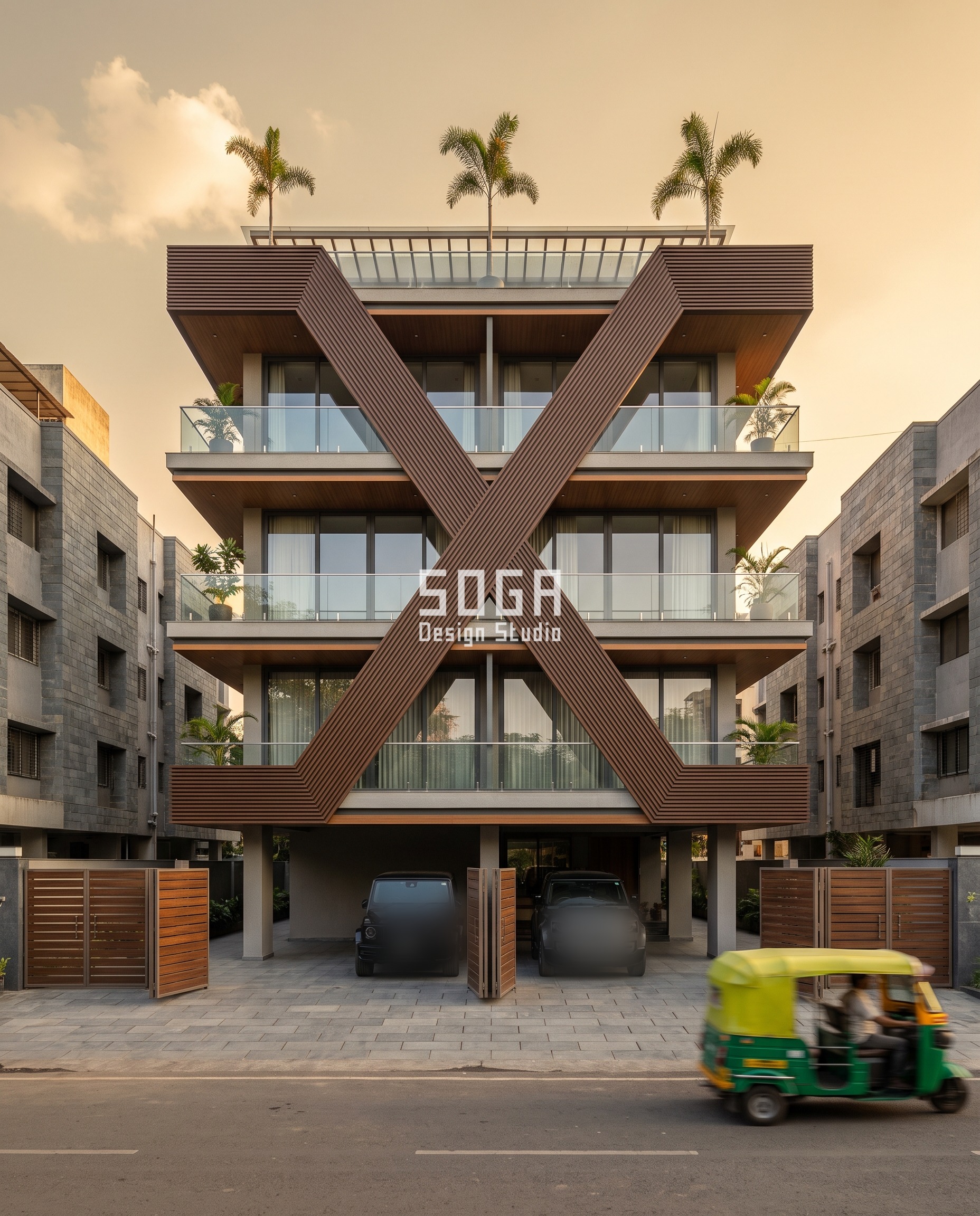 Facade Feature Depth: The Bracket Threshold Rule 3 Pune G+3 builder-floor facade with two mirrored walnut wood-grain aluminium ribbons crossing at mid-height at a 40 degree angle, a 400mm secondary-frame depth facade feature at golden hour