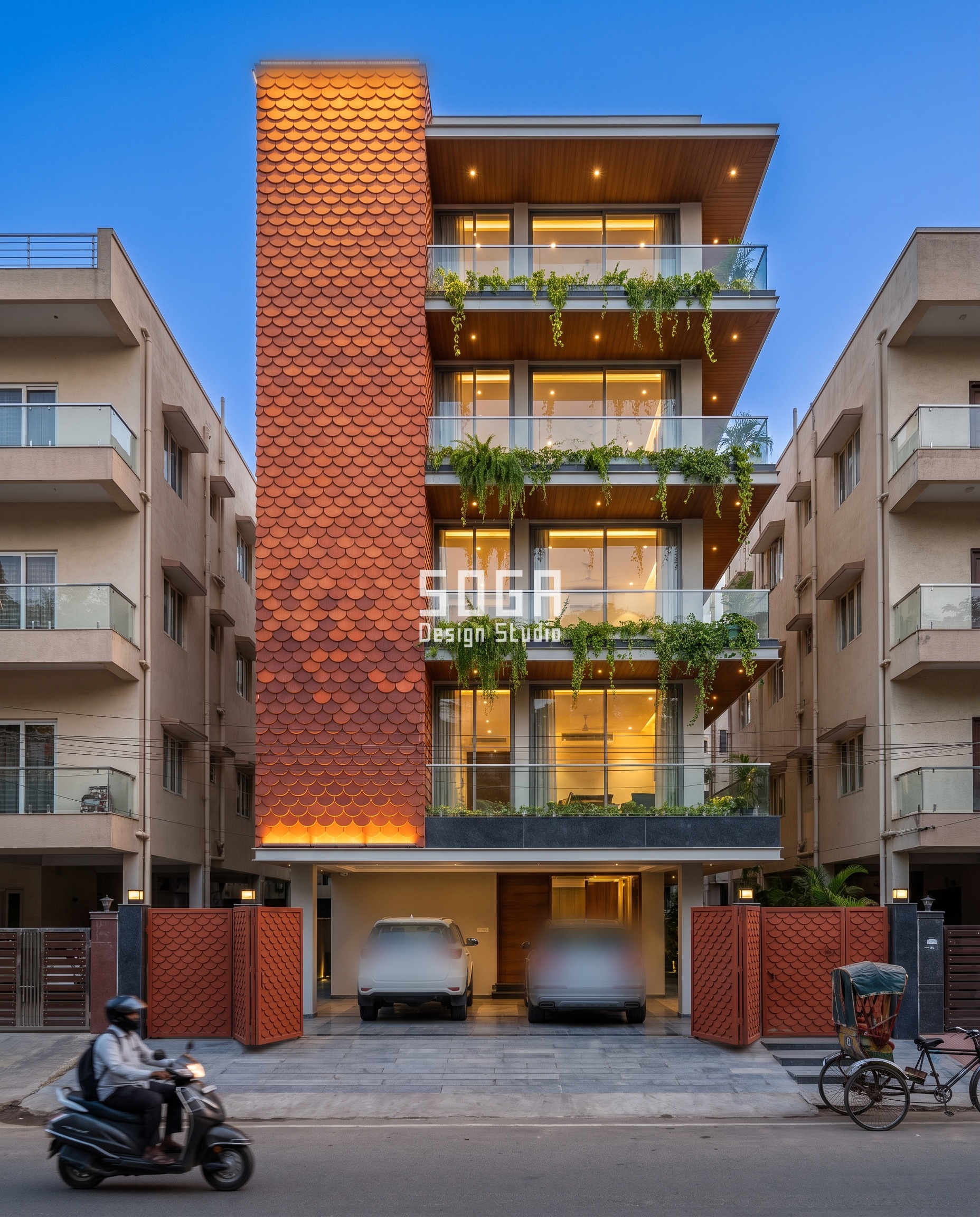 Facade Feature Depth: The Bracket Threshold Rule 4 Hyderabad Kondapur G+4 builder-floor facade with a full-height terracotta fish-scale shingle column in a vertical tonal gradient, a shallow 40mm clip-fix control case facade feature at blue hour