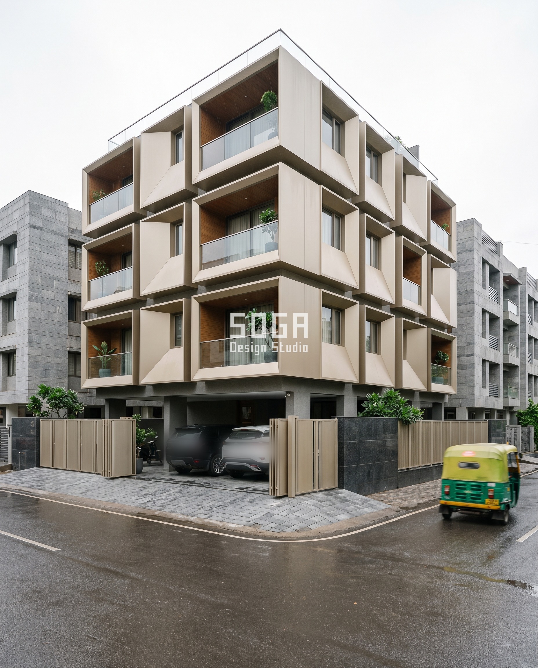 Facade Feature Depth: The Bracket Threshold Rule 5 Ahmedabad corner-plot G+4 facade with champagne-anodised aluminium folded-plate window boxes projecting 400 to 1400mm and tilting 4 to 21 degrees, spanning secondary-frame to cantilevered-spine depth