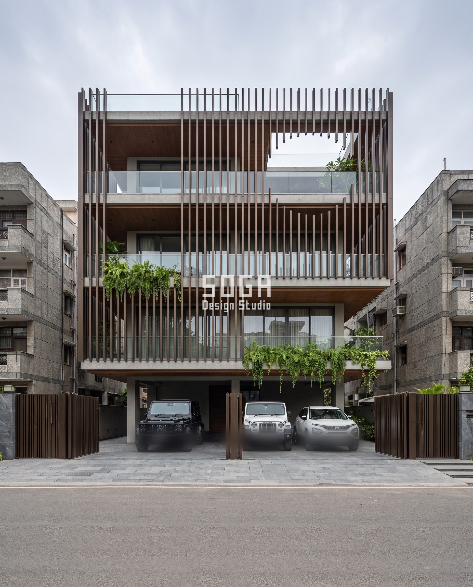 Noida G+3 builder-floor facade with dark bronze aluminium louvers cut shortest near an attractor point and growing to full storey height, illustrating a 200mm point-bracket fixing depth
