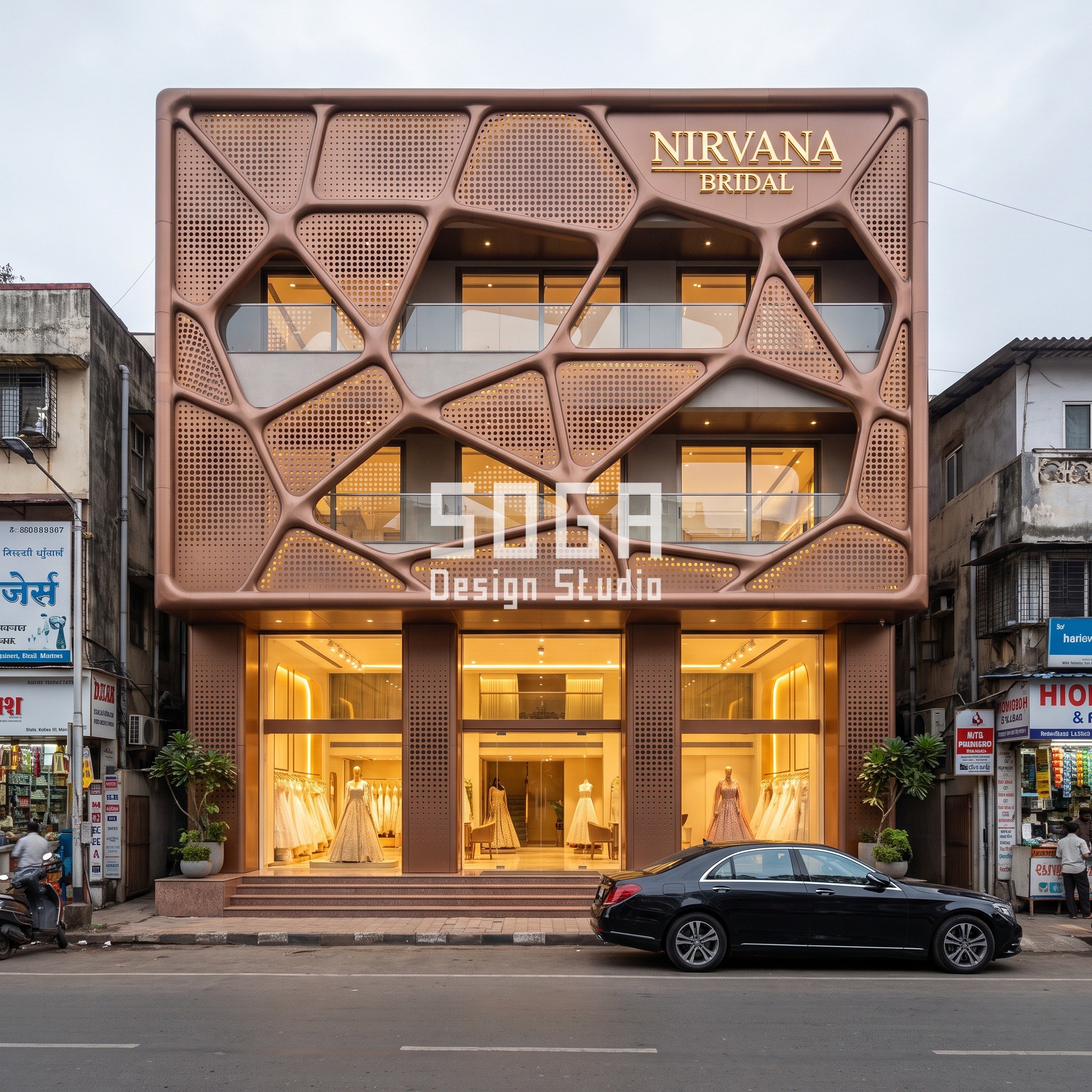 Corten, Bronze, Aluminium Facade Finish: Showrooms India 3 Copper-bronze perforated aluminium facade on Nirvana Bridal couture showroom, Mumbai