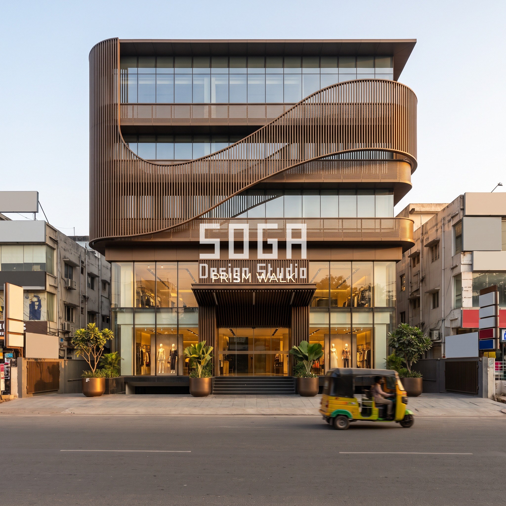 Corten, Bronze, Aluminium Facade Finish: Showrooms India 4 Dark bronze aluminium ribbon facade on Prism Walk mixed-use building, Hyderabad