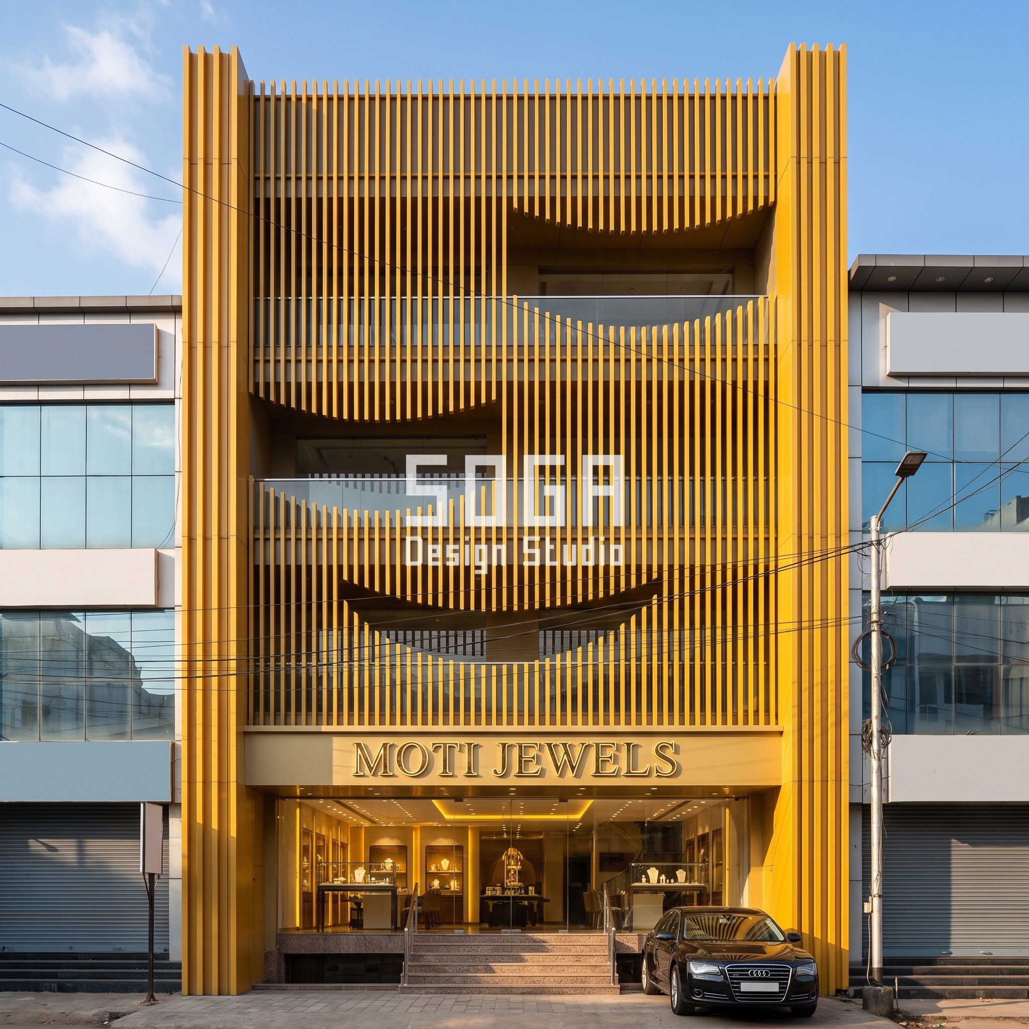 Corten, Bronze, Aluminium Facade Finish: Showrooms India 2 Saffron anodised aluminium louver facade on Moti Jewels showroom, Chennai