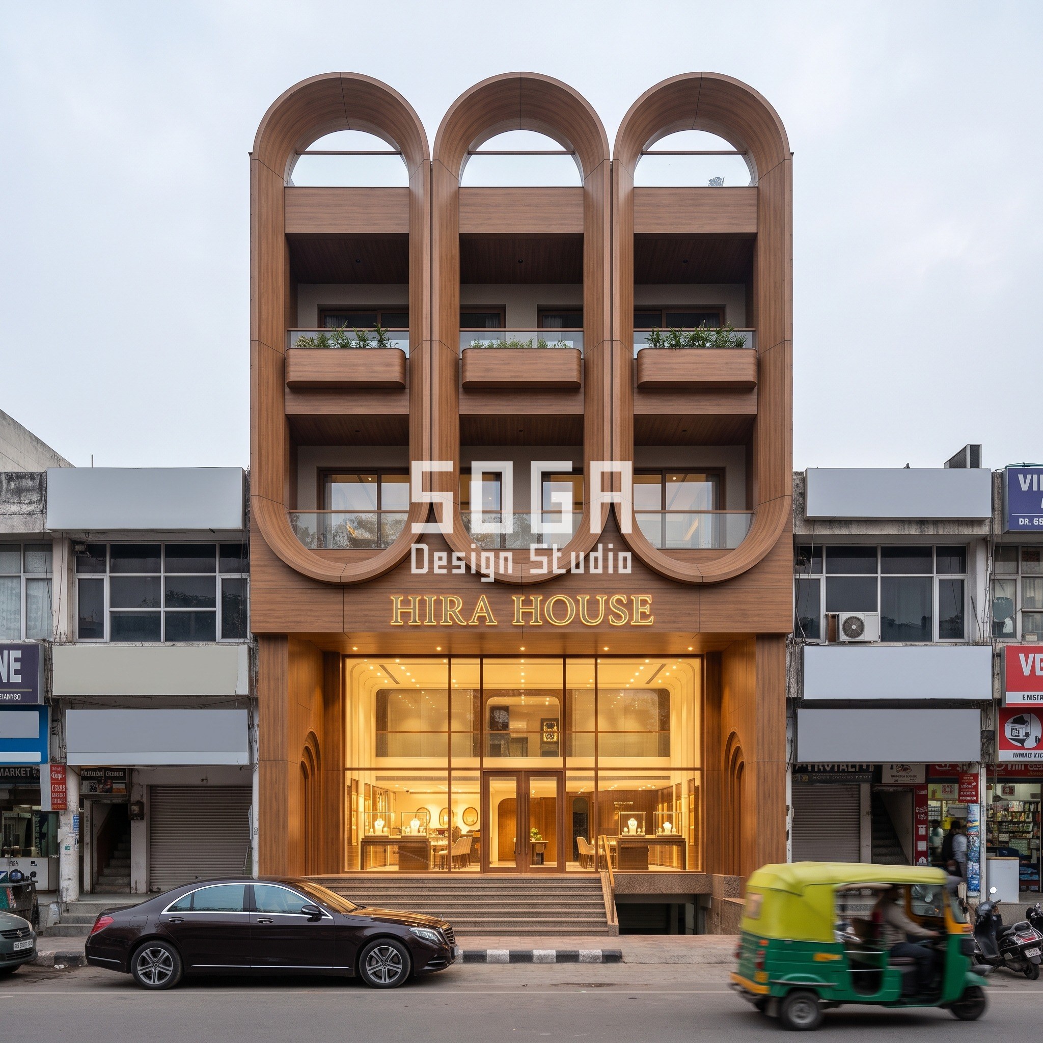 Corten, Bronze, Aluminium Facade Finish: Showrooms India 1 Teak wood-finish aluminium loop facade on Hira House jewellery showroom, Chandigarh