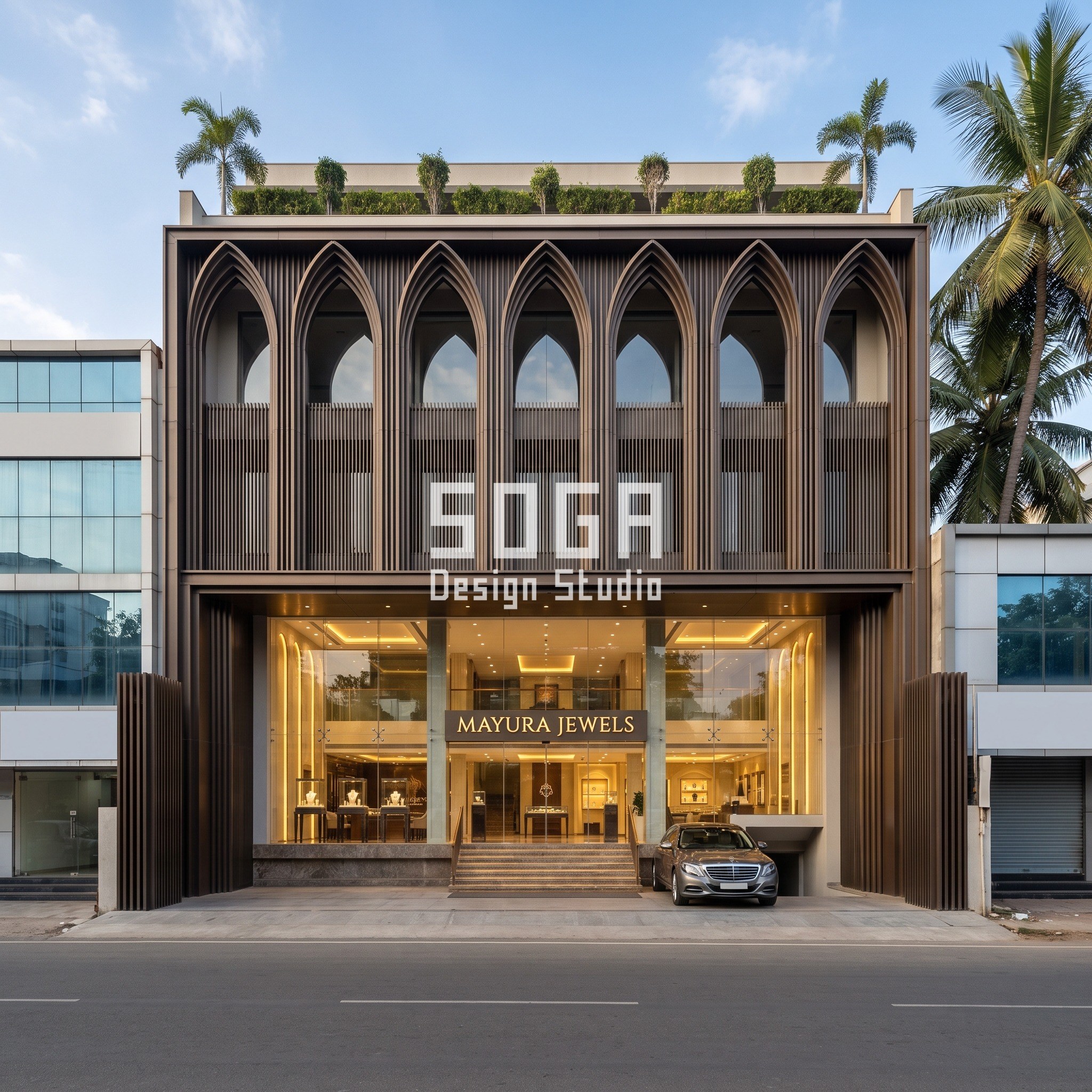 Lancet arch colonnade facade on a Chennai jewellery showroom, one gesture across two floors