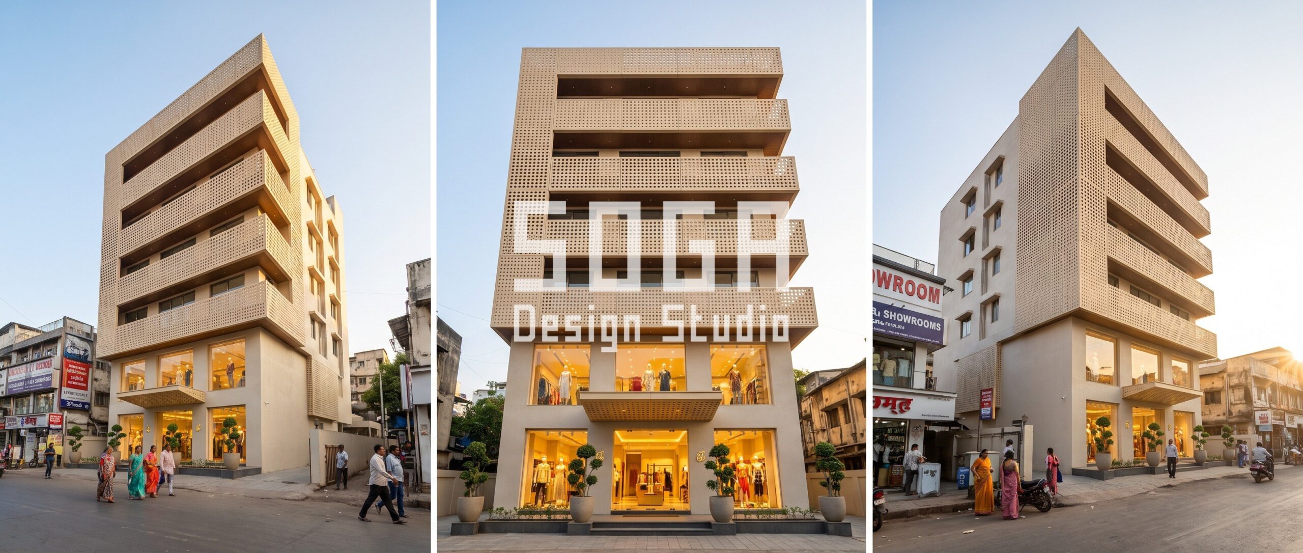 How Many Floors Can One Facade Gesture Run? 5 Retail Concepts, India 2 Scaling perforated GFRC frame wraps five floors of a Mumbai mixed-use retail building