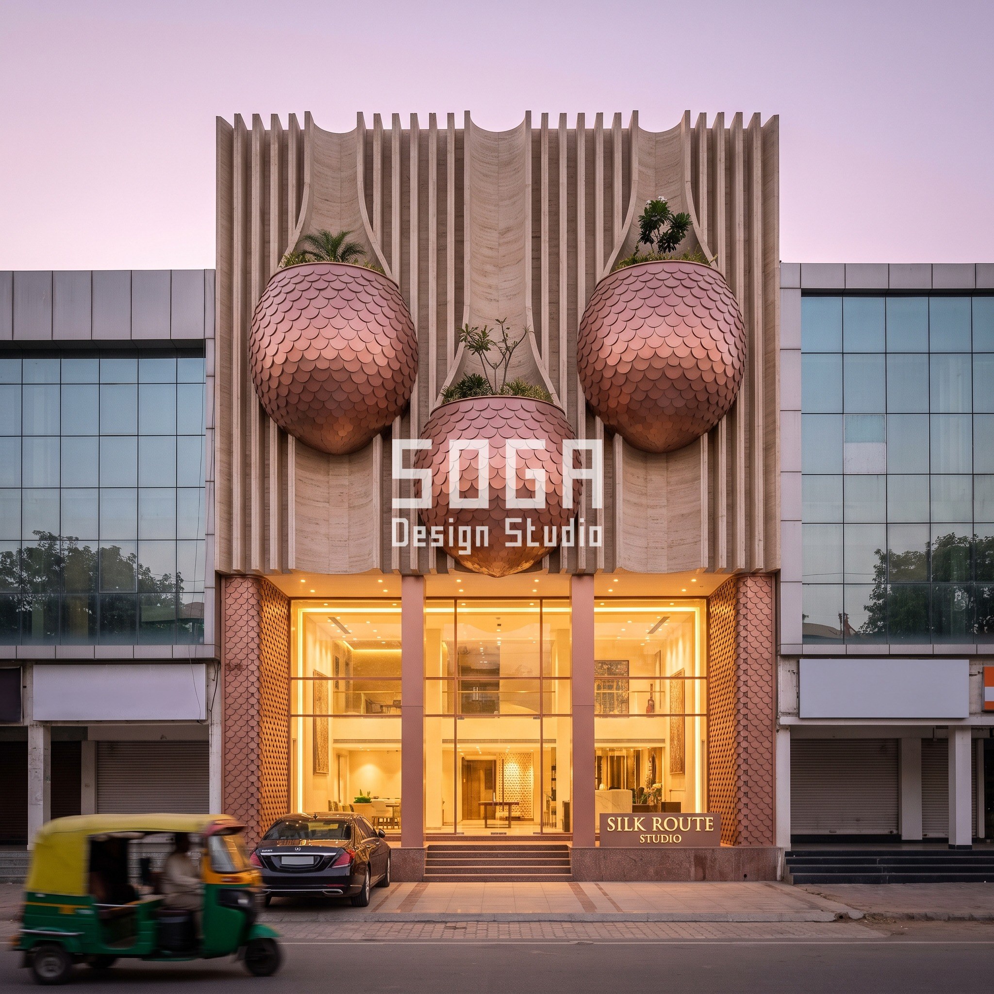 How Many Floors Can One Facade Gesture Run? 5 Retail Concepts, India 3 Three teardrop planter pods break a three-floor fashion flagship facade in Chandigarh