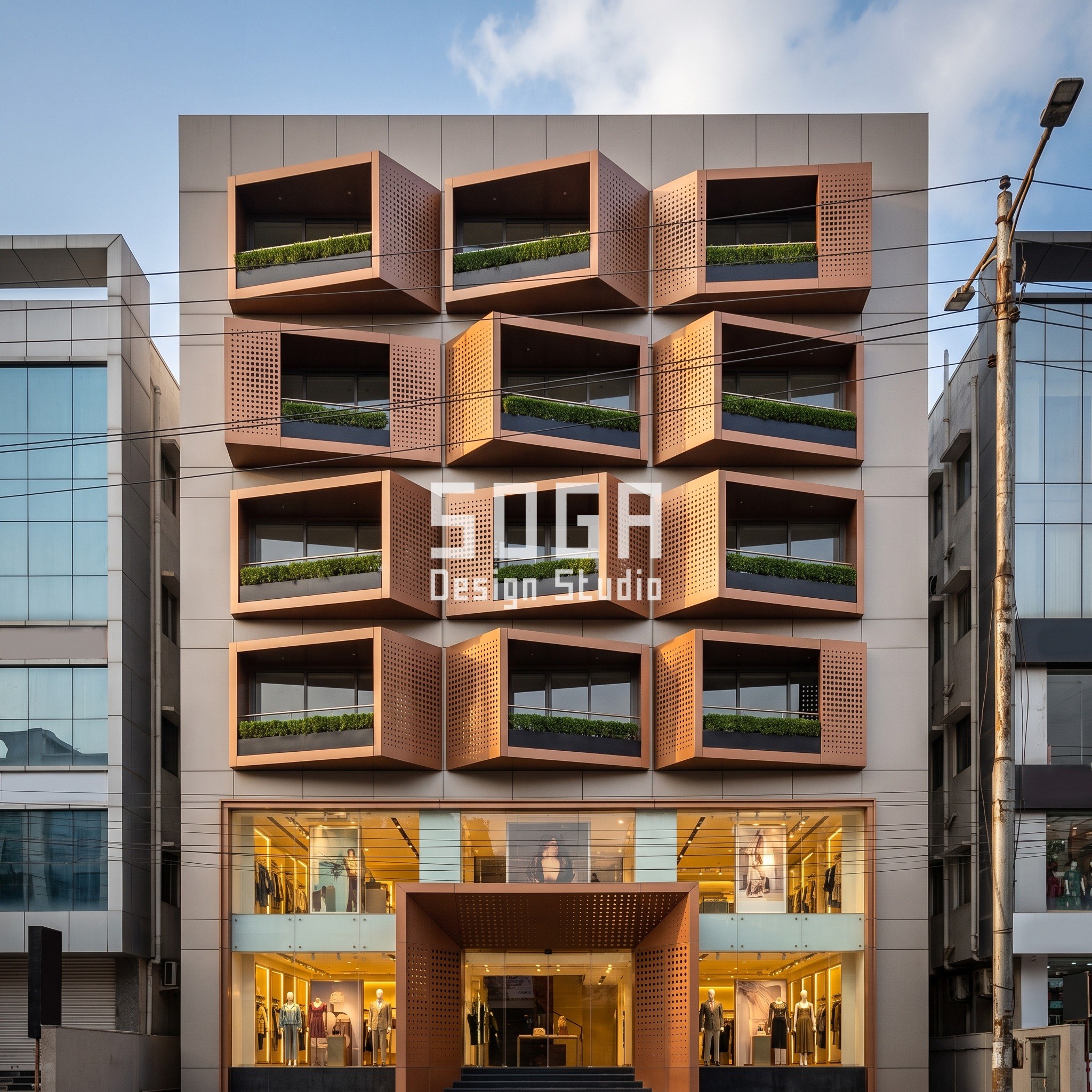 How Many Floors Can One Facade Gesture Run? 5 Retail Concepts, India 5 Tilted copper-bronze window boxes give each floor its own break on a Hyderabad mixed-use facade