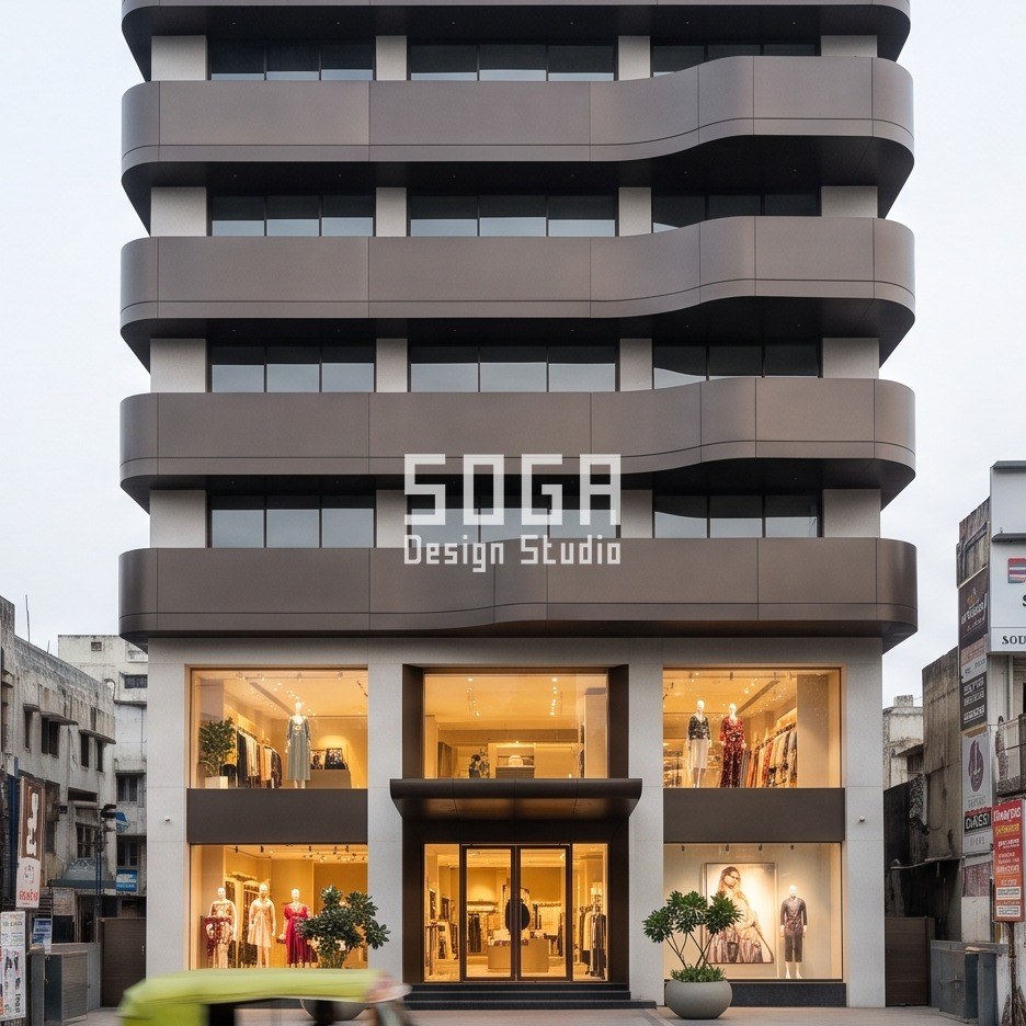 How Many Floors Can One Facade Gesture Run? 5 Retail Concepts, India 4 Undulating balcony bands run unbroken across five floors of a Surat retail and office building