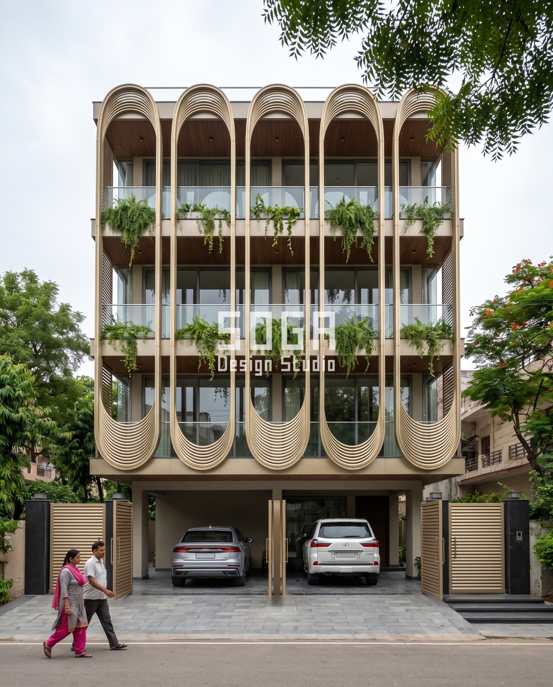 Balcony Cantilever Limit India 2026: Facade Design Guide 2 Arches, Vaults & Loops / Ribbed champagne facade, Gurugram - SOGA Design Studio
