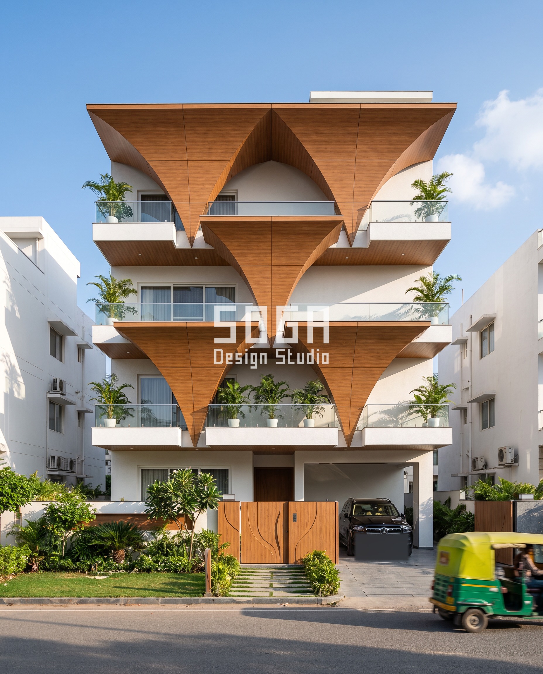 Vaulted Elevation Design Cost India 2026 | Noida Guide 2 Arches, Vaults & Loops / Smooth teak wood-finish alu facade, Jaipur - SOGA Design Studio