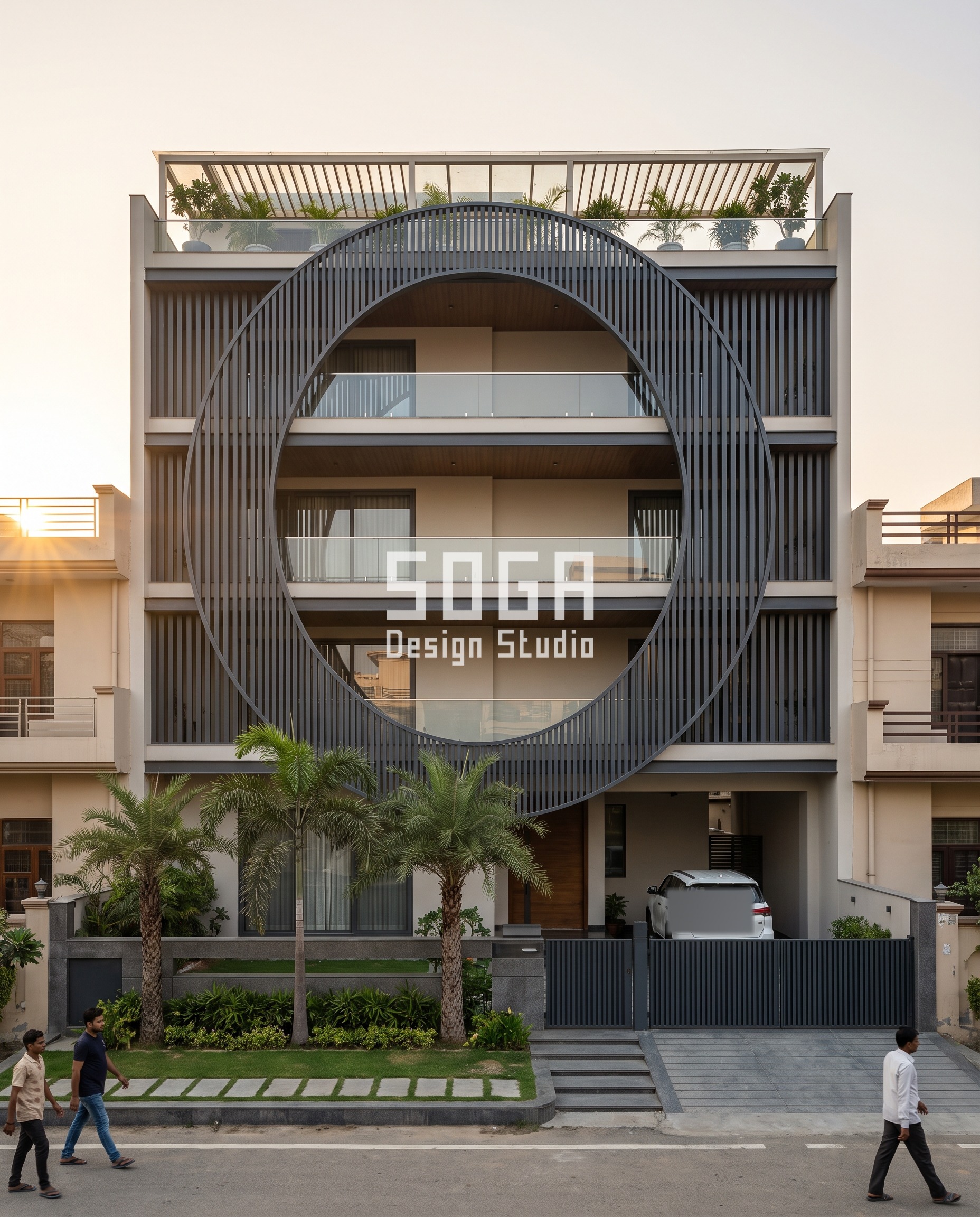Vaulted Elevation Design Cost India 2026 | Noida Guide 4 Monumental Frame Gesture / Fins charcoal facade, Lucknow - SOGA Design Studio