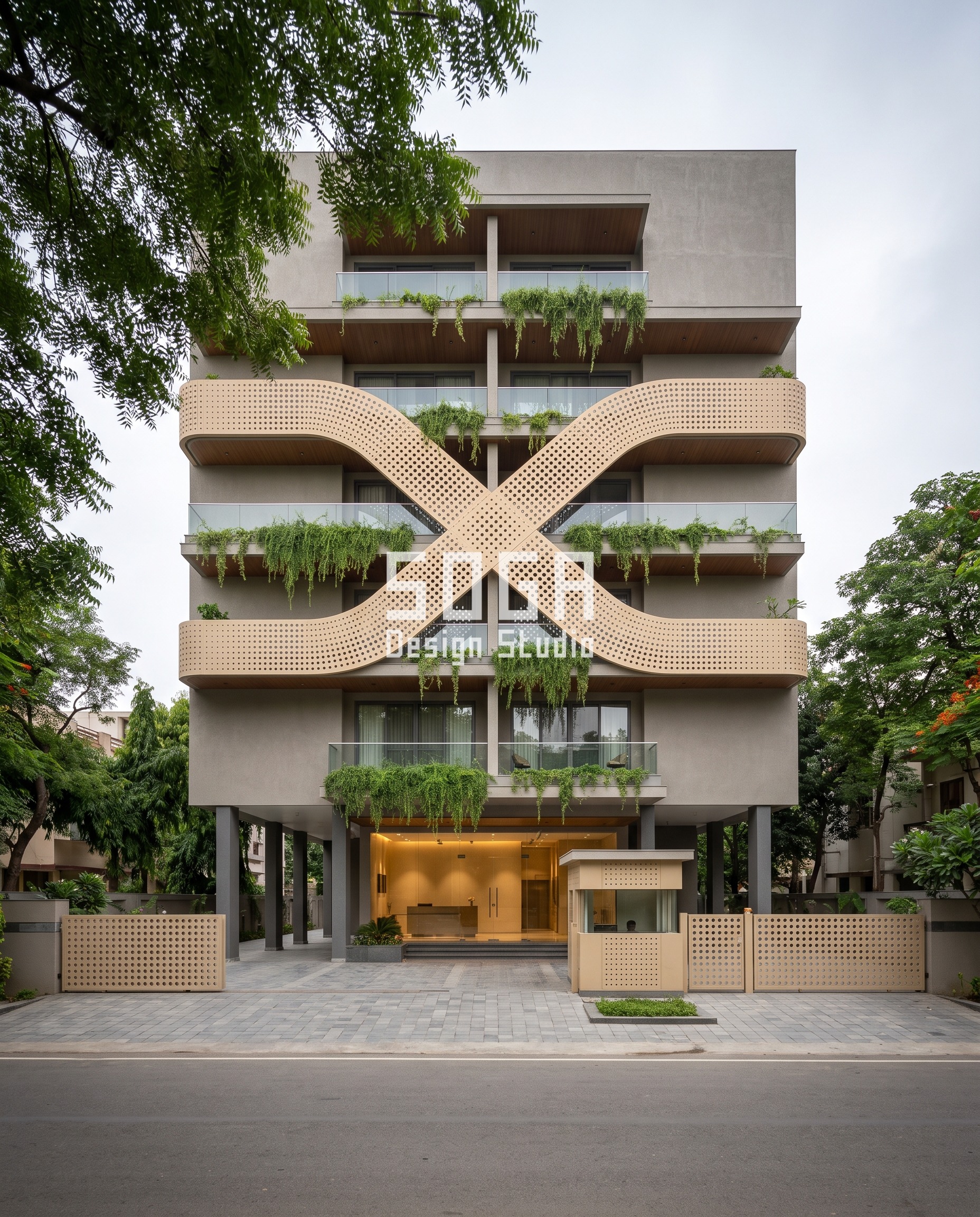 G+3 House Elevation Design India 2026: 4 Metal Facade Ideas 3 Carved Monolith / Organic Frame / Perforated cream gfrc facade, Mumbai (Bandra) - SOGA Design Studio