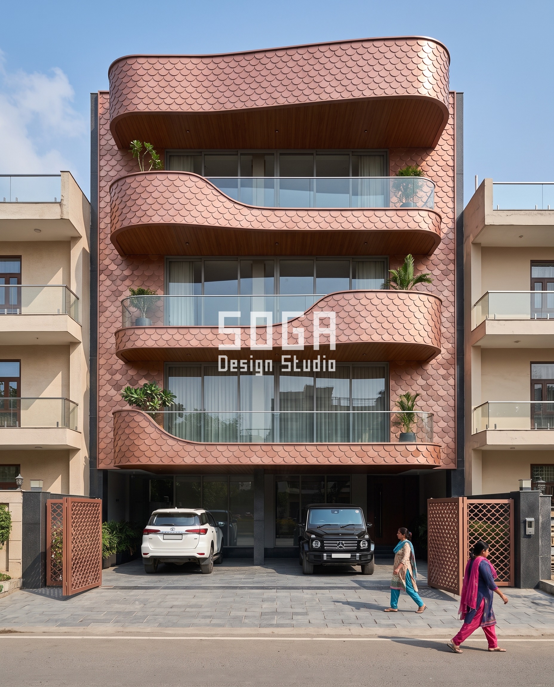 Balcony Cantilever Limit India 2026: Facade Design Guide 4 Undulating Slab Ribbons / Scales rose copper facade, Noida - SOGA Design Studio