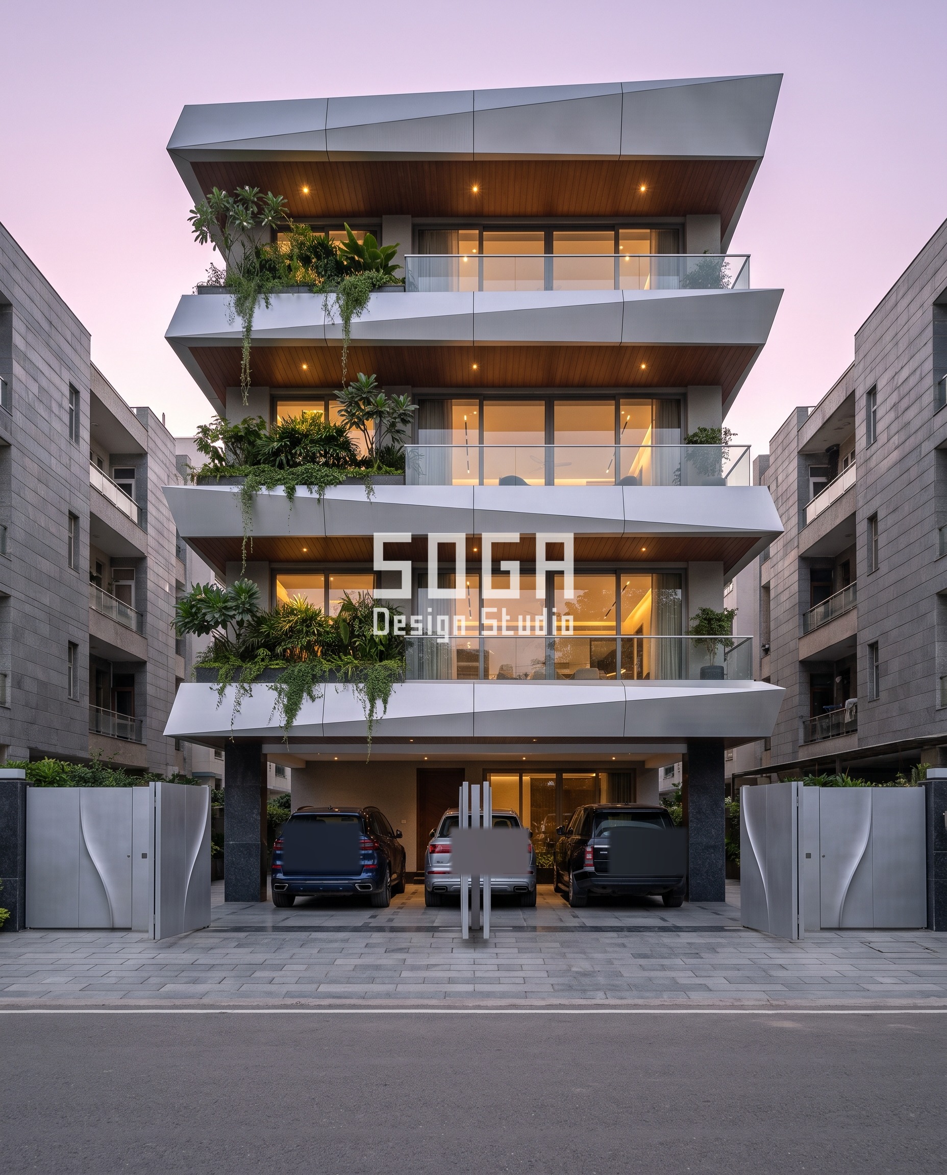 Vaulted Elevation Design Cost India 2026 | Noida Guide 1 Rotated Faceted Trays / Smooth silver facade, Noida - SOGA Design Studio